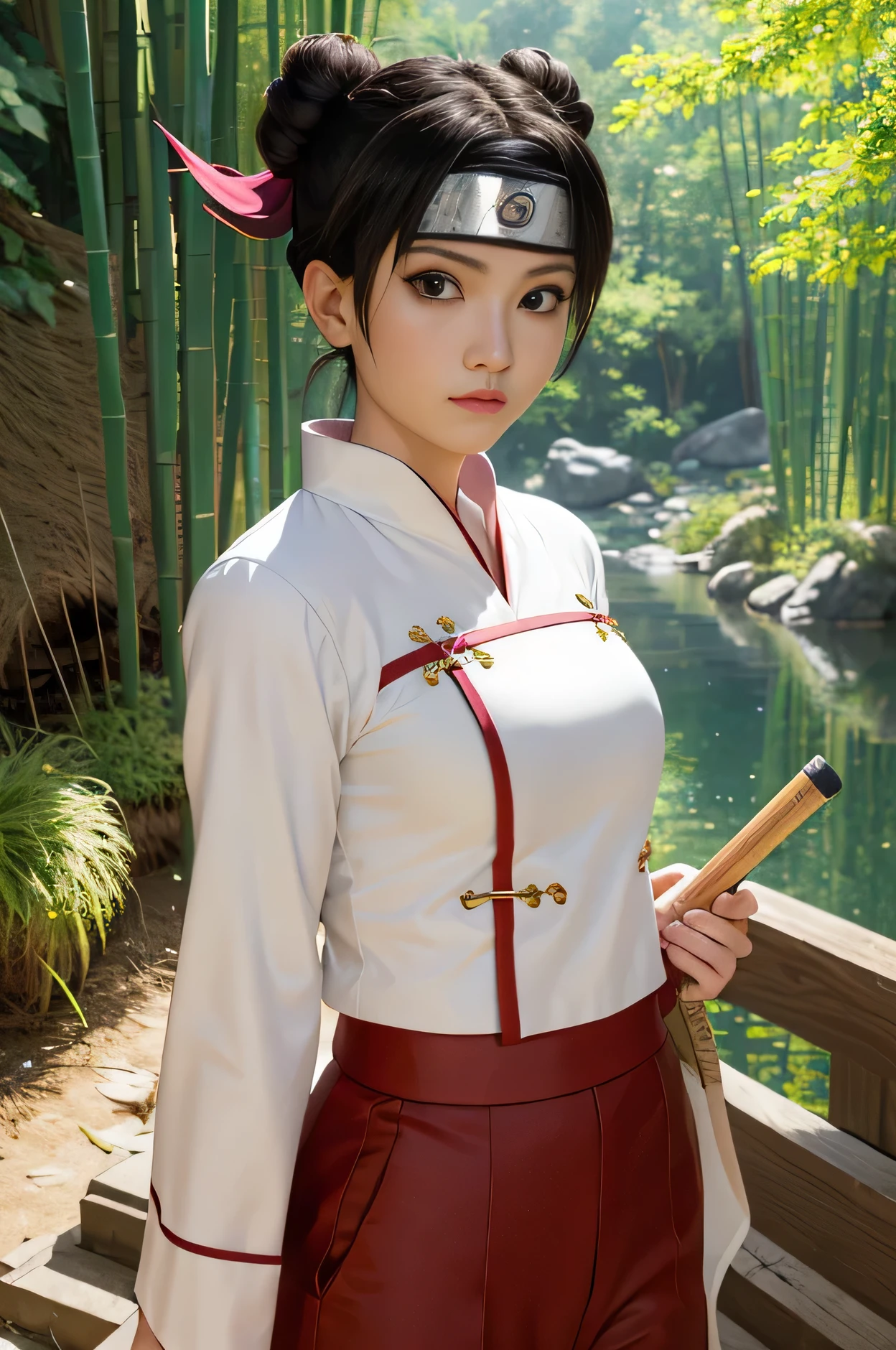 masterpiece, absurdres , (intricate details), (colorful),cinematic lighting,bust shot,extremely detailed CG unity 8k wallpaper,tenten\(shippuden\), 1girl, solo, hakama pants,white shirt, medium breasts, forehead protector, konohagakure symbol, headband,  looking at viewer, outdoors, bamboo forest,  frown,