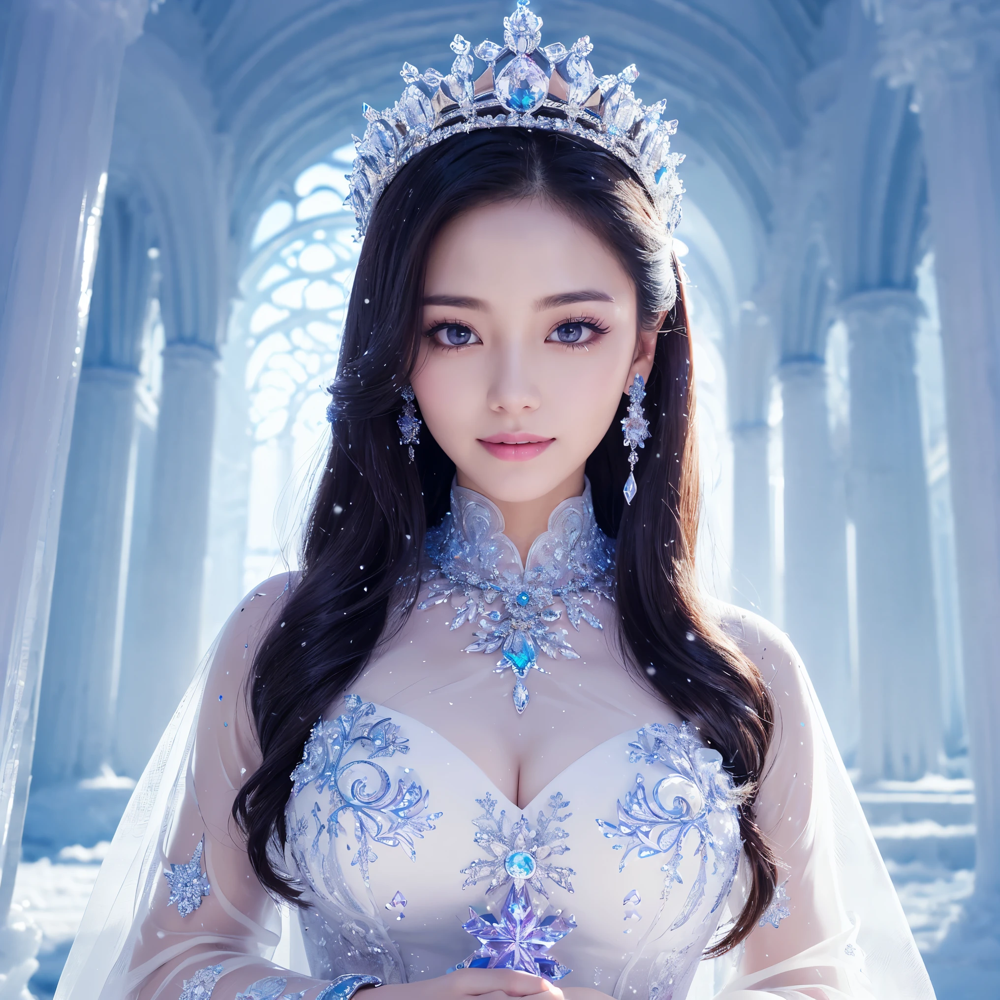 (masterpiece、highest quality、best image quality、8K、Award-winning work)、one goddess、(The most extravagant, sparkling, high-end gigantic costume:1.1)、(The most luxurious and highest quality giant tiara:1.1)、(The most luxurious and highest quality giant necklace:1.1)、(Beautiful purple and white gradation finest goddess costume:1.2)、(A goddess costume decorated with the finest decorations that shines in purple and white.:1.1)、(Finest goddess costume with perfect purple and white gradation:1.1)、upper body photo、(the best smile looking at me:1.2)、big breasts、Beautiful transparent sleeves of the highest quality、(Finest transparent sleeves with jewel decoration:1.1)、expose one's shoulders、Standing gracefully、(The most luxurious palace background made of ice:1.4)、(The most elaborate and luxurious ice palace cathedral:1.3)、(Inside the most mysterious giant palace made of ice:1.4)、(The most beautiful cathedral made of crystal clear ice:1.4)、(beautiful transparent ice:1.1)、(Mysterious fairy tale light blue fog:1.15)、The background is a detailed ice palace、beautiful ice ceiling、(Palace interior background made of intricately shining transparent ice:1.4)、(Elegant palace pillars made of ice:1.05)、the most intricate and luxurious decoration、(large amount of jewelry decoration:1.1)、最もComplex and detailed background、(It's snowing:1.1)、fine sparkling snow、(Tyndall effect:1.1)、Subtle sparkling snow、epic movie lighting、perfect makeup、long eyelashes、beautiful eyeshadow、(accurate anatomy:1.3)、Natural forehead、Complex and detailed background、the most delicate shine、background with depth、low contrast、Surrounded by soft light、(body facing forward:1.1)、(arms down:1.1)