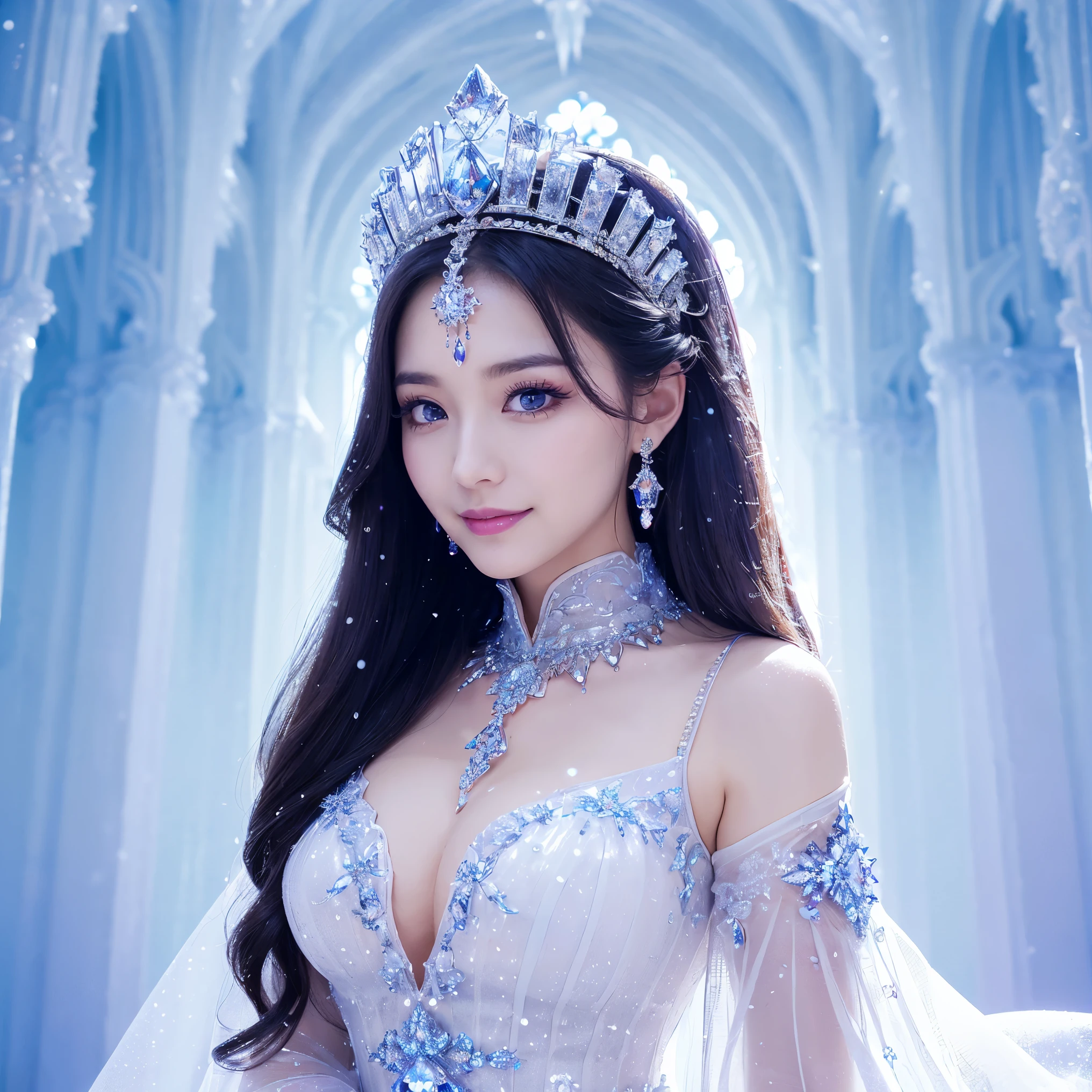 (masterpiece、highest quality、best image quality、8K、Award-winning work)、one goddess、(The most extravagant, sparkling, high-end gigantic costume:1.1)、(The most luxurious and highest quality giant tiara:1.1)、(The most luxurious and highest quality giant necklace:1.1)、(Beautiful purple and white gradation finest goddess costume:1.2)、(A goddess costume decorated with the finest decorations that shines in purple and white.:1.1)、(Finest goddess costume with perfect purple and white gradation:1.1)、upper body photo、(the best smile looking at me:1.2)、big breasts、Beautiful transparent sleeves of the highest quality、(Finest transparent sleeves with jewel decoration:1.1)、expose one&#39;s shoulders、Standing gracefully、(The most luxurious palace background made of ice:1.4)、(The most elaborate and luxurious ice palace cathedral:1.3)、(Inside the most mysterious giant palace made of ice:1.4)、(The most beautiful cathedral made of crystal clear ice:1.4)、(beautiful transparent ice:1.1)、(Mysterious fairy tale light blue fog:1.15)、The background is a detailed ice palace、beautiful ice ceiling、(Palace interior background made of intricately shining transparent ice:1.4)、(Elegant palace pillars made of ice:1.05)、the most intricate and luxurious decoration、(large amount of jewelry decoration:1.1)、最もComplex and detailed background、(It&#39;s snowing:1.1)、fine sparkling snow、(Tyndall effect:1.1)、Subtle sparkling snow、epic movie lighting、perfect makeup、long eyelashes、beautiful eyeshadow、(accurate anatomy:1.3)、Natural forehead、Complex and detailed background、the most delicate shine、background with depth、low contrast、Surrounded by soft light、(body facing forward:1.1)、(arms down:1.1)