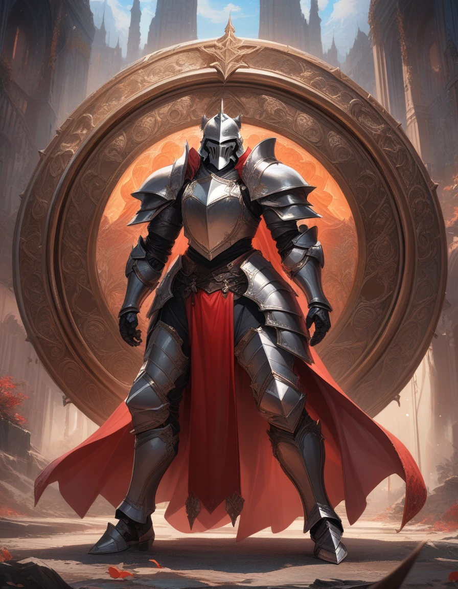 1girl, aesthetic, extremely detailed, masterpiece, best quality, very aesthetic, absurdres, breathtaking A highly detailed digital painting of a powerful knight in armor holding a large, ornate shield in a heroic stance, extremely detailed full body knight in shiny silver armor with intricate patterns, standing in a dramatic pose, one hand holding a massive, circular shield with a glowing crest in the center, shield has beautiful engraved swirls and runes, shining metal, cinematic lighting, illustration by artgerm and greg rutkowski and alphonse mucha, digital painting . award-winning, professional, highly detailed, detailed matte painting, deep color, fantastical, intricate detail, splash screen, complementary colors, fantasy concept art, 8k resolution trending on Artstation Unreal Engine 5