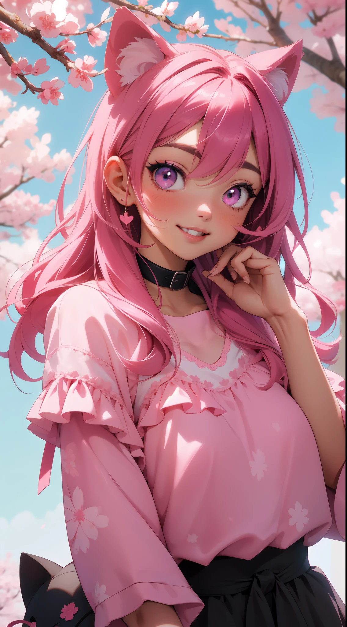Una chica hermosa un gran detalle, ojos morados y una linda sonrisa, cabello largo color morado con luces rosas orejas de gatito con una flor en su cabeza color rosa (sakura), with a black collar and a pink heart, con unos tirantes negros en sus hombros descubiertos y con una blusa con mangas de color rosa, falda color negro, landscape background pink and blue colors an anime style sky and Japanese sakura trees,