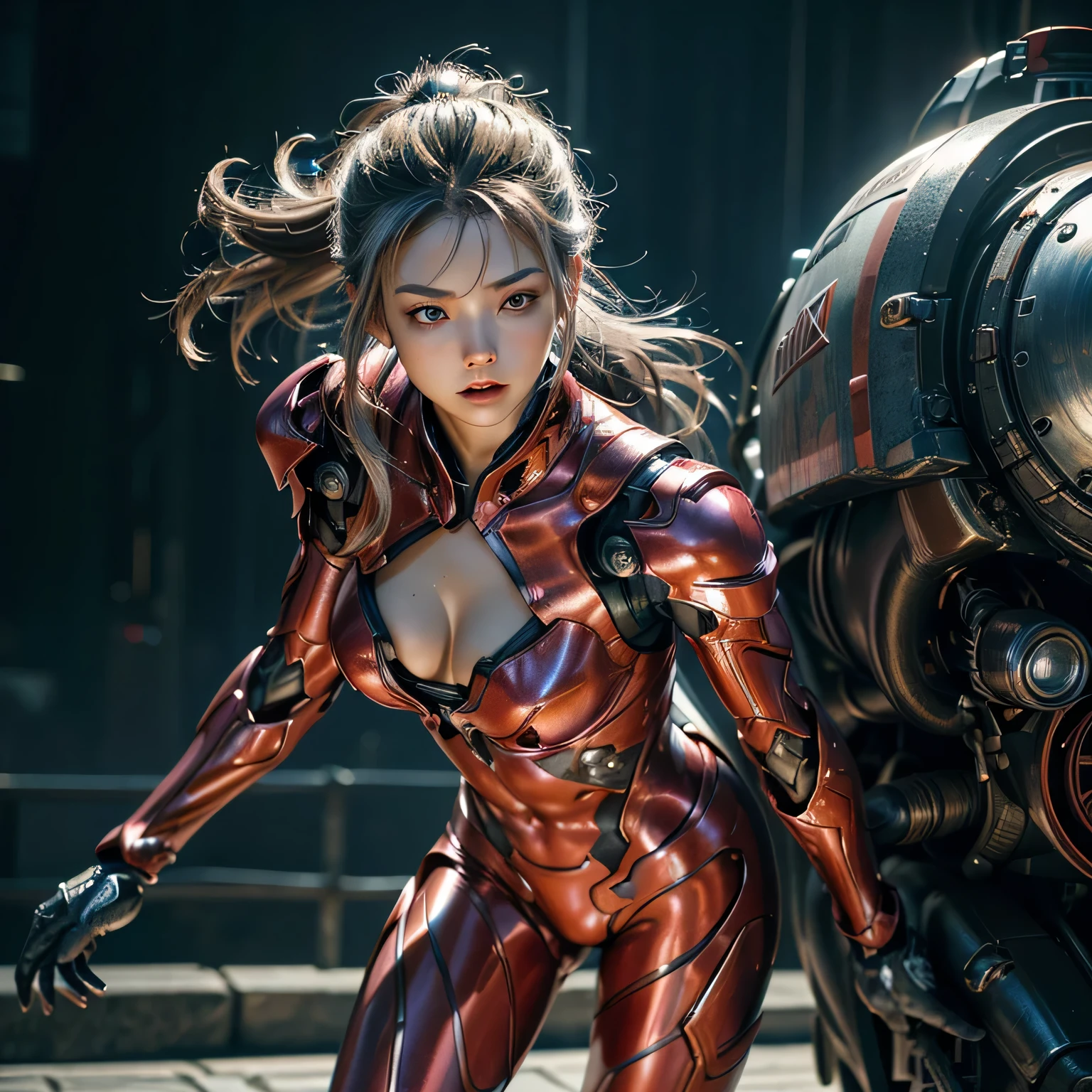 (RAW shooting、highest quality、masterpiece)、(genuine、photogenuineistic)、(Super detailed)、Very detailed CG、8K、アンgenuineエンジン、3D rendering、beautiful mechanic、((high contrast))、(High chroma)、(sharpness)、((very delicate and beautiful))、reflected light、highly detailed background、(cyber punk、machine city、future city)、 ((anatomically correct))、one woman、gray hair、beautiful and delicate hair、(detailed beautiful eyes、detailed beautiful face)、highly detailed skin、gloves、Red metallic painted cyber suit、Very shiny cybersuit、cleavage、No sleeve、((cowboy shot))、action pose、fighting pose