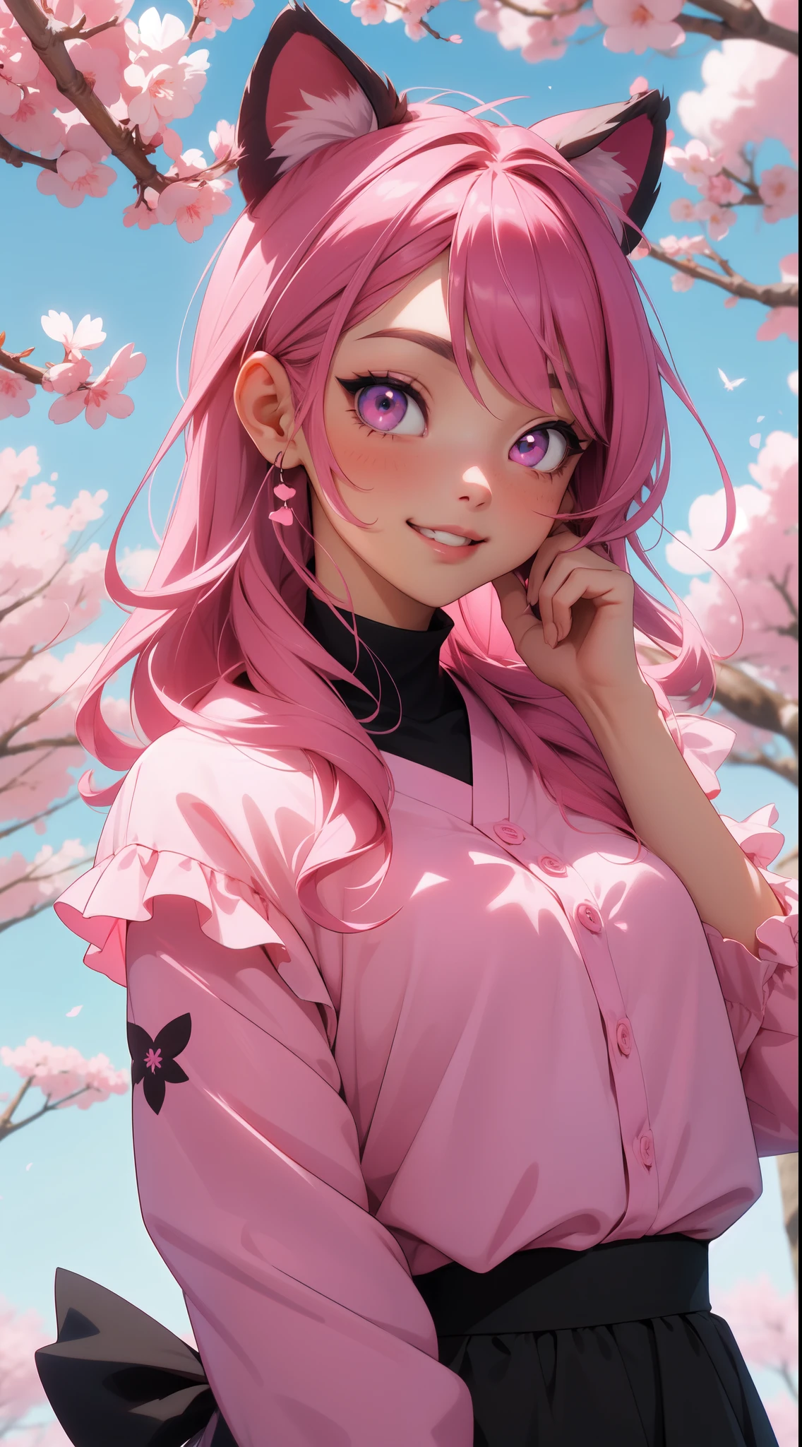 Una chica hermosa un gran detalle, ojos morados y una linda sonrisa, cabello largo color morado con luces rosas orejas de gatito con una flor en su cabeza color rosa (sakura), with a black collar and a pink heart, con unos tirantes negros en sus hombros descubiertos y con una blusa con mangas de color rosa, falda color negro, landscape background pink and blue colors an anime style sky and Japanese sakura trees,