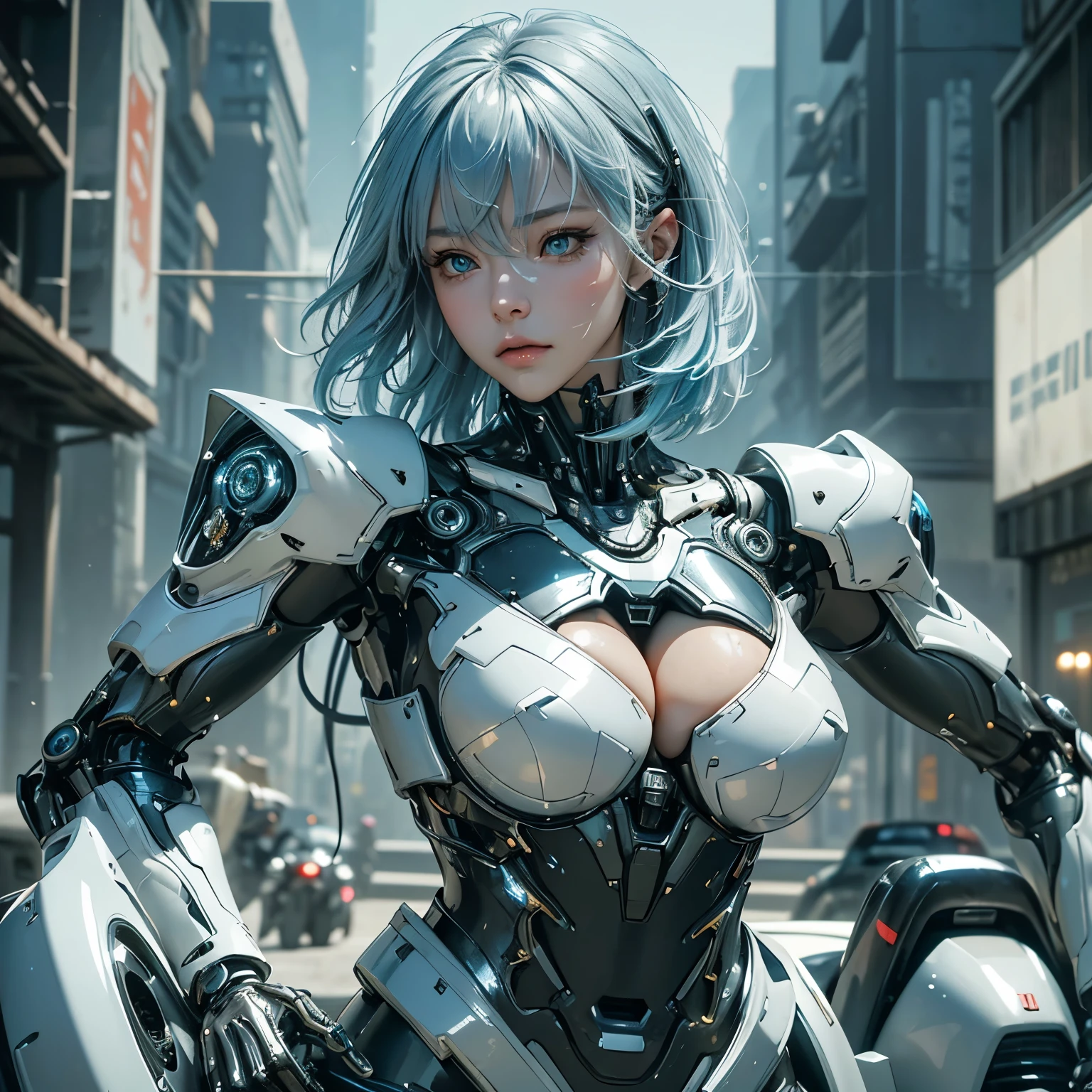 (RAW shooting、highest quality、master piece)、(real、photorealistic)、(super detail)、Extremely detailed CG、8K、アンrealエンジン、3D rendering、beautiful mechanic、((high contrast))、(High chroma)、(sharpness)、((very delicate and beautiful))、reflected light、highly detailed background、(cyber punk、Mechanical City、future city)、 ((anatomically correct))、one woman、light blue hair、shortcut、beautiful and delicate hair、(detailed beautiful eyes、detailed beautiful face)、highly detailed skin、((very shiny skin、juicy skin))、gloves、dark gray cyber suit、shiny surface、cleavage、((cowboy shot))、bike、combat vehicle、combat mecha、action pose、fighting pose、model pose