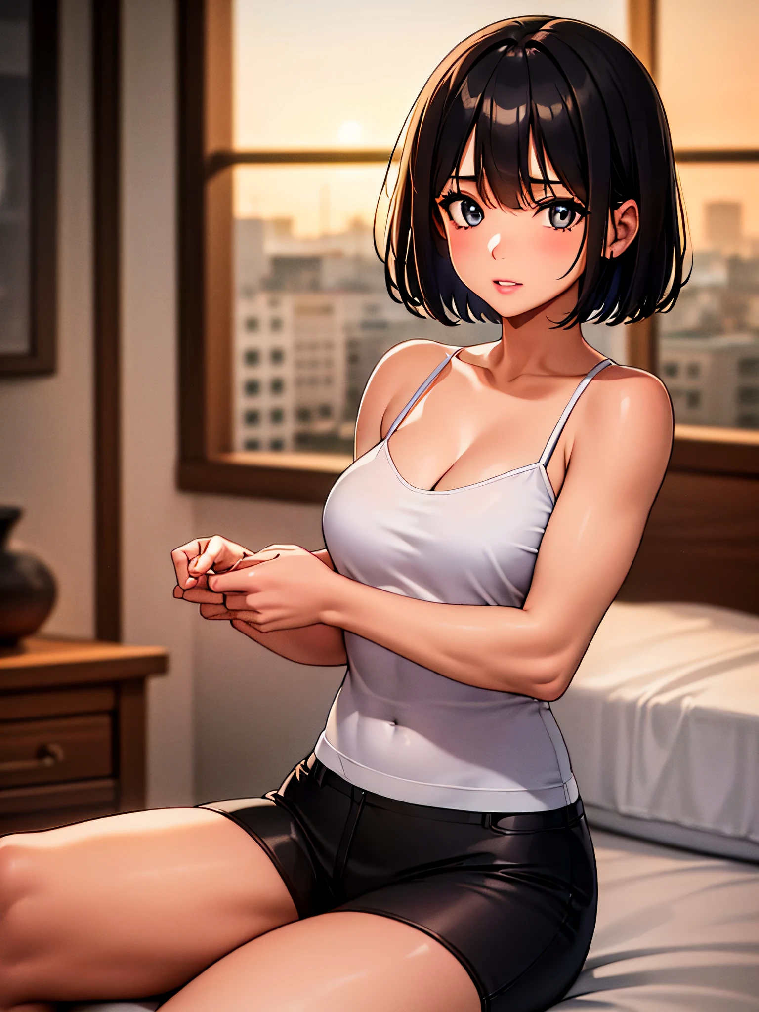 ((Top Quality, 8k, Masterpiece: 1.3)), Beauty, Hide Face, 1 Girl, Beautiful: 1.3, Slender Abs: 1.1, Camisole, Cleavage, Black Hair short , (While Sitting on the Bed), Ultra Detailed Face, Highly Detailed Lips, Detailed Eyes, Double Eyelids