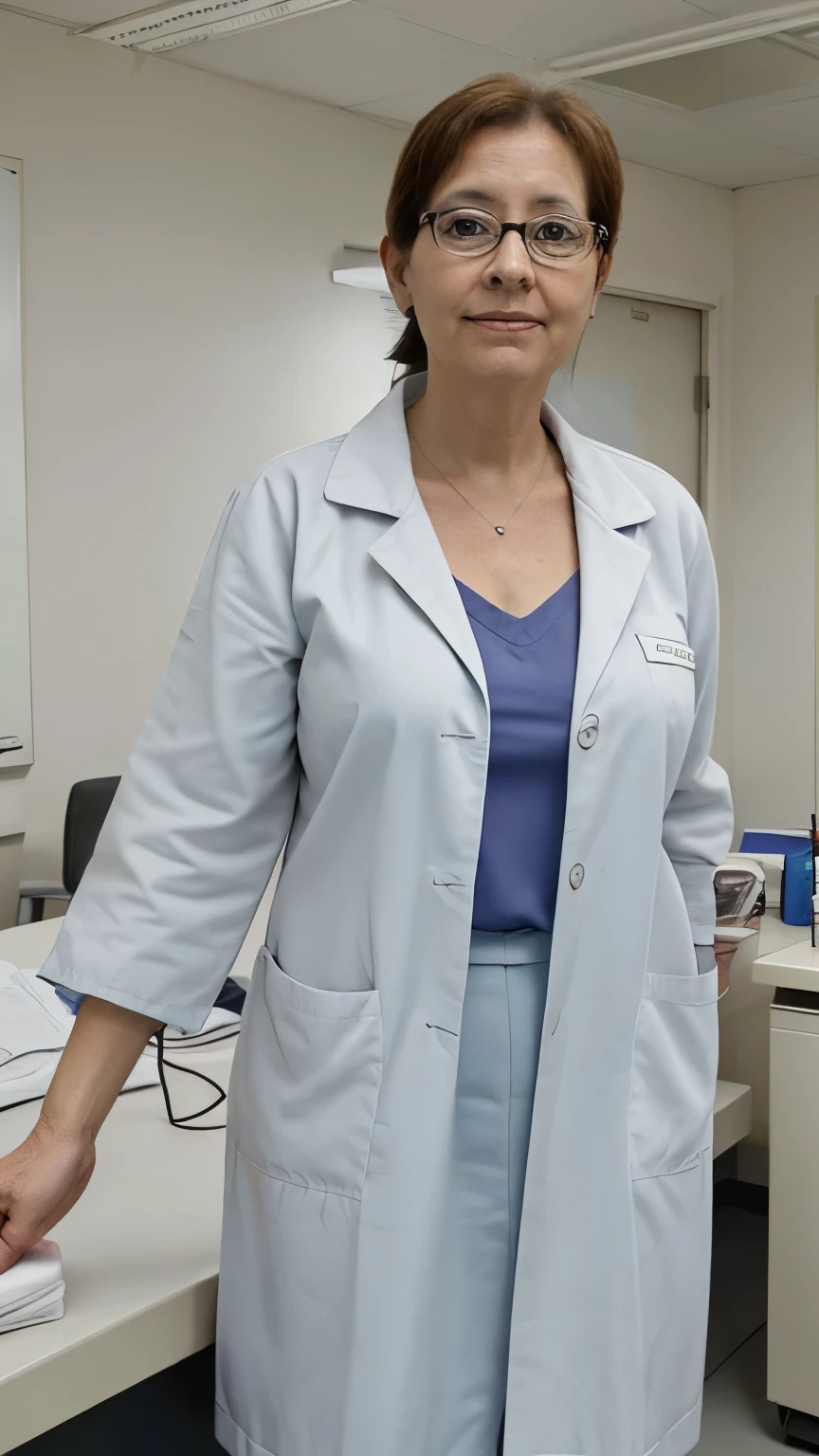 photograph of 40 year old secretary, ropa scrup hospitalario, chaqueta. Atiende paciente con cancer, hospital. Sentada. Recepcion, secretaria. Imagen horizontal