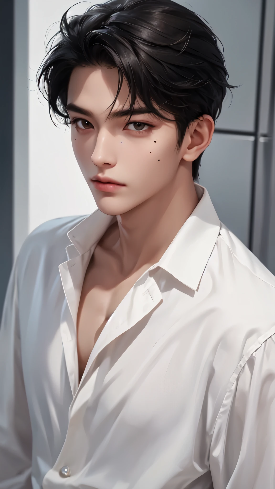 Boy, black hair, brown eyes, sharp features, white skin, mole on cheek, masculine, Celine style