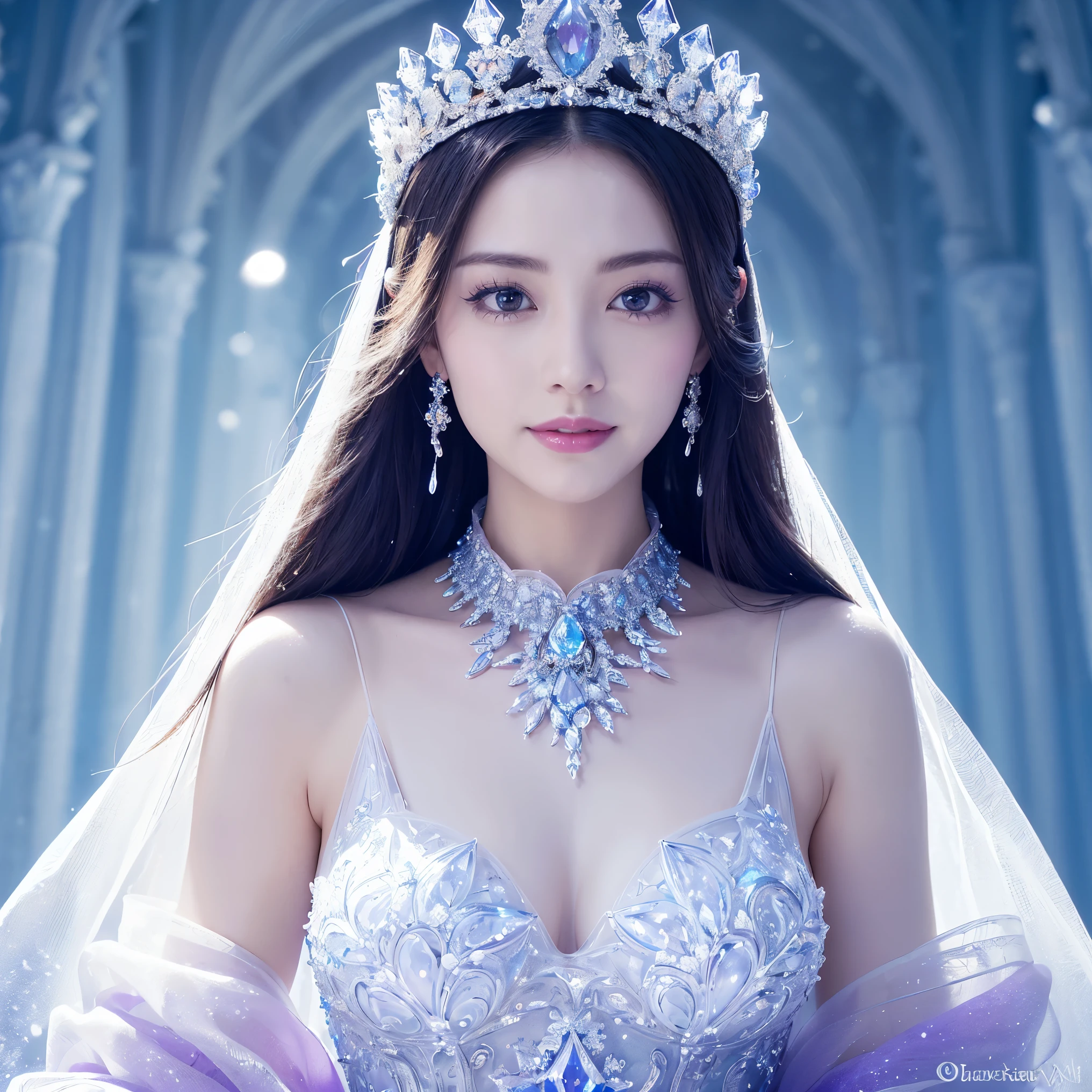 (masterpiece、highest quality、best image quality、8K、Award-winning work)、one goddess、(The most extravagant, sparkling, high-end gigantic costume:1.1)、(The most luxurious and highest quality giant tiara:1.1)、(The most luxurious and highest quality giant necklace:1.1)、(Beautiful purple and white gradation finest goddess costume:1.2)、(A goddess costume decorated with the finest decorations that shines in purple and white.:1.1)、(Finest goddess costume with perfect purple and white gradation:1.1)、upper body photo、(the best smile looking at me:1.2)、big breasts、Beautiful transparent sleeves of the highest quality、(Finest transparent sleeves with jewel decoration:1.1)、expose one&#39;s shoulders、Standing gracefully、(The most luxurious palace background made of ice:1.4)、(The most elaborate and luxurious ice palace cathedral:1.3)、(Inside the most mysterious giant palace made of ice:1.4)、(The most beautiful cathedral made of crystal clear ice:1.4)、(beautiful transparent ice:1.1)、(Mysterious fairy tale light blue fog:1.15)、The background is a detailed ice palace、beautiful ice ceiling、(Palace interior background made of intricately shining transparent ice:1.4)、(Elegant palace pillars made of ice:1.05)、the most intricate and luxurious decoration、(large amount of jewelry decoration:1.1)、最もComplex and detailed background、(It&#39;s snowing:1.1)、fine sparkling snow、(Tyndall effect:1.1)、Subtle sparkling snow、epic movie lighting、perfect makeup、long eyelashes、beautiful eyeshadow、(accurate ???????:1.3)、Natural forehead、Complex and detailed background、the most delicate shine、background with depth、low contrast、Surrounded by soft light、(body facing forward:1.1)、(arms down:1.1)