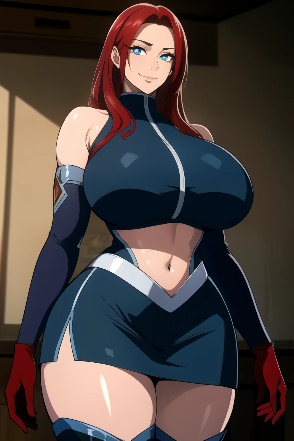 masterpiece, best quality, absurdres, 8k, perfect shadows,perfect lighting,hdr, cowboy shot,shiny skin,skindentation, beautiful body, NamiFinal, ((red hair: 1.4)), long hair, blue eyes, (crop top, underboob, elbow gloves, thigh boots, split skirt, bare shoulders, curvy, midriff, curvy, thighs, higheels, shiny clothes), complex detailed background, inside, luxury palace) (gigantic breasts,hourglass body, thin waist,very slim waist)extremely detailed face,detailed eye makeup, detail face, nice detailed eyes,nice hands, perfect hands (realistic pupils,realistic iris:1) heavy eye makeup,glowing eyes, Bright eyes,standing,standing at attention,(seductive smile), gigantic breasts, curvy