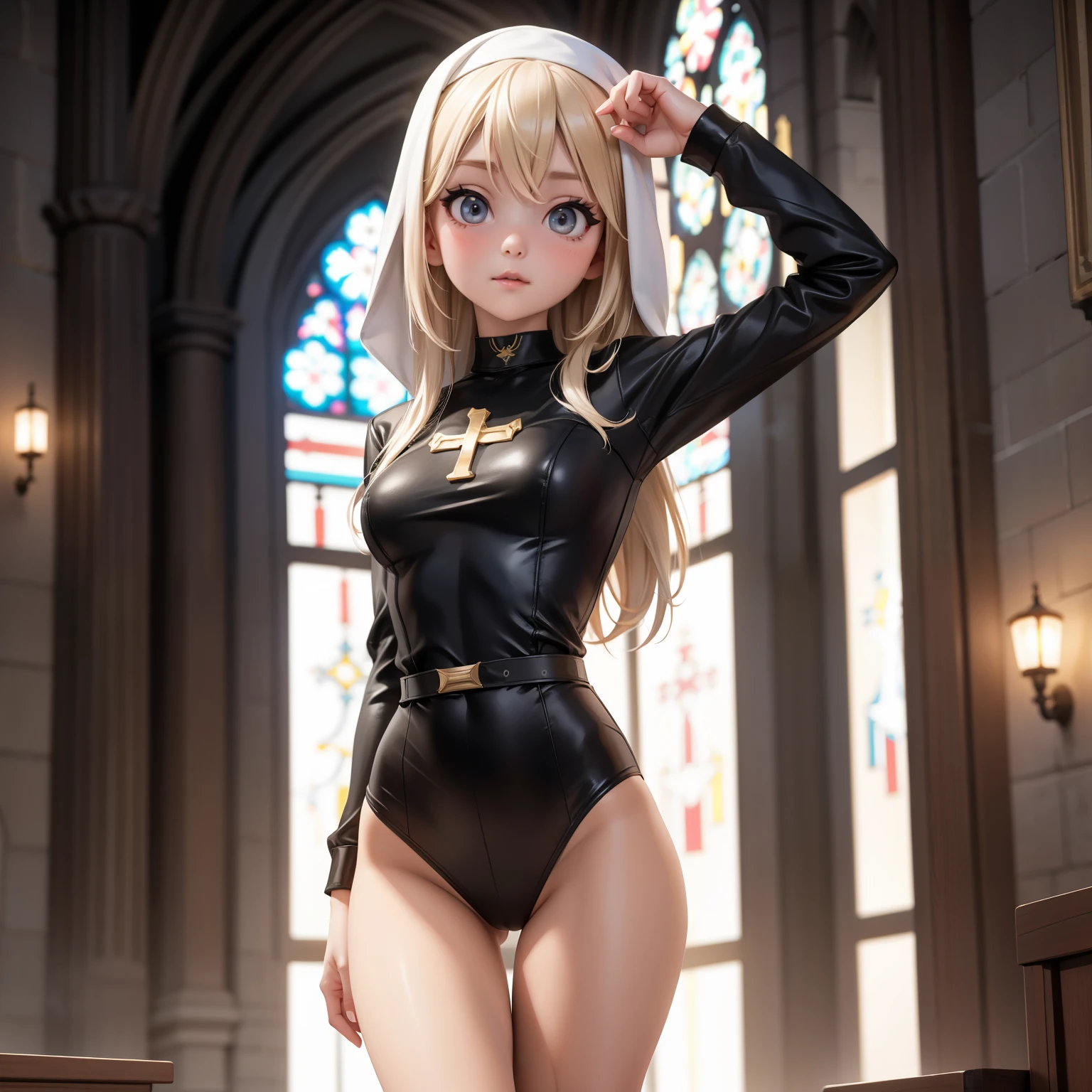 young Scandinavian girl, , gyaru, Nun, tight clothes,  body, slim, flat breasts, thin legs, thin legs, thighs apart, thin waist, church, cinematic lighting