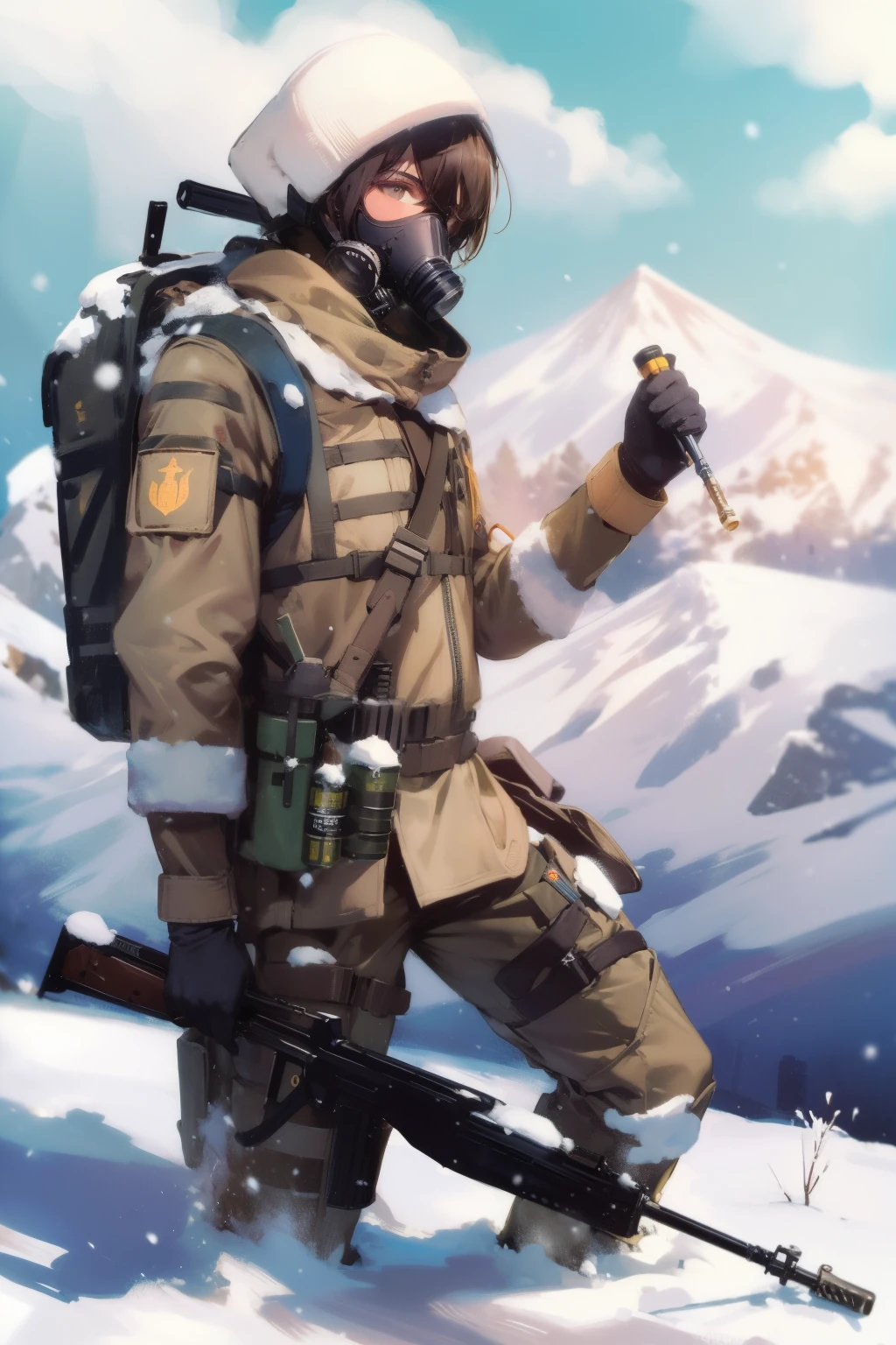 (homem alto 1.92) (vestindo uniformes de inverno militar da cor branca e preta) (olhos da cor laranja) (cabelo curto e liso da cor castanho jogado pra baixo) (segurando um fuzil antigo) using a gas mask that has tubes connected to a morcilla that has 2 oxygen cylinders attached to the backpack) (canary a forest covered in snow)