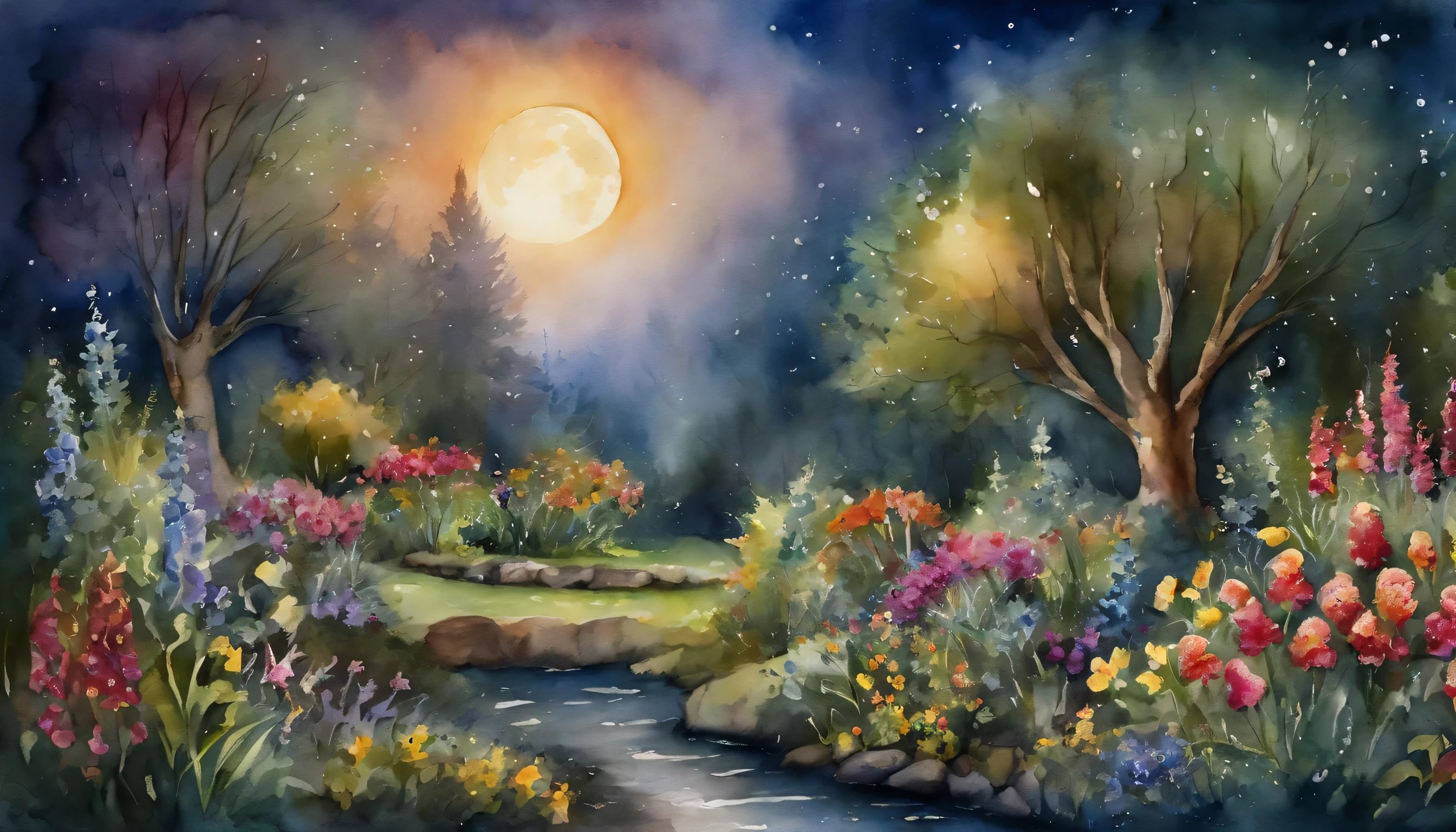 Moonlit Garden, Magical Effect, high detailed, flowers in the garden, high resolution
