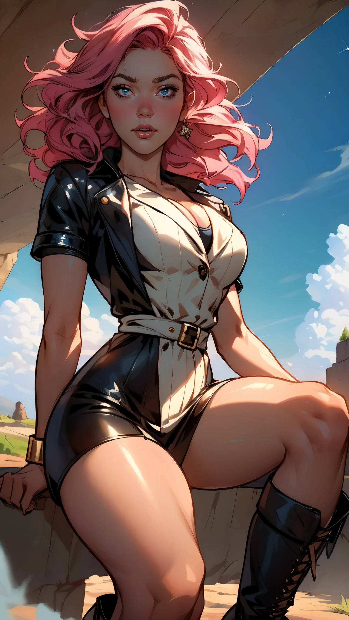 (A beautiful young girl with long curly pink hair, slender eyebrows, sparkling eyes, a bewildered expression, an oval-shapedl face with pale skin, a knee-length form-fitting leather trench coat with very short sleeves, she adorns both hands with metallic wrist guards in a sci-fi ancient civilization style, her long legs are clad in leather boots as she soars through the misty clouds), this character embodies a finely crafted fantasy-realism style western ranger in anime style, exquisite and mature manga art style, porcelain skin, perfect skin, perfect eyes, (Mary Elizabeth Winstead:1.2), high definition, best quality, highres, ultra-detailed, ultra-fine painting, extremely delicate, professional, anatomically correct, symmetrical face, extremely detailed eyes and face, high quality eyes, creativity, RAW photo, UHD, 32k, Natural light, cinematic lighting, masterpiece-anatomy-perfect, masterpiece:1.5