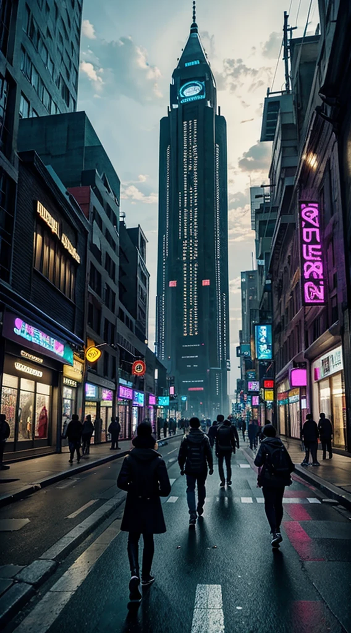 people walking in a city at night with a large clock tower in the background, in a futuristic cyberpunk city, futuristic cyberpunk scenario, arstation and beeple highly, in fantasy sci - fi city, sci-fi cyberpunk city street, busy cyberpunk metropolis, 3 d render beeple, cinematic beeple, cyberpunk city street, in style of beeple