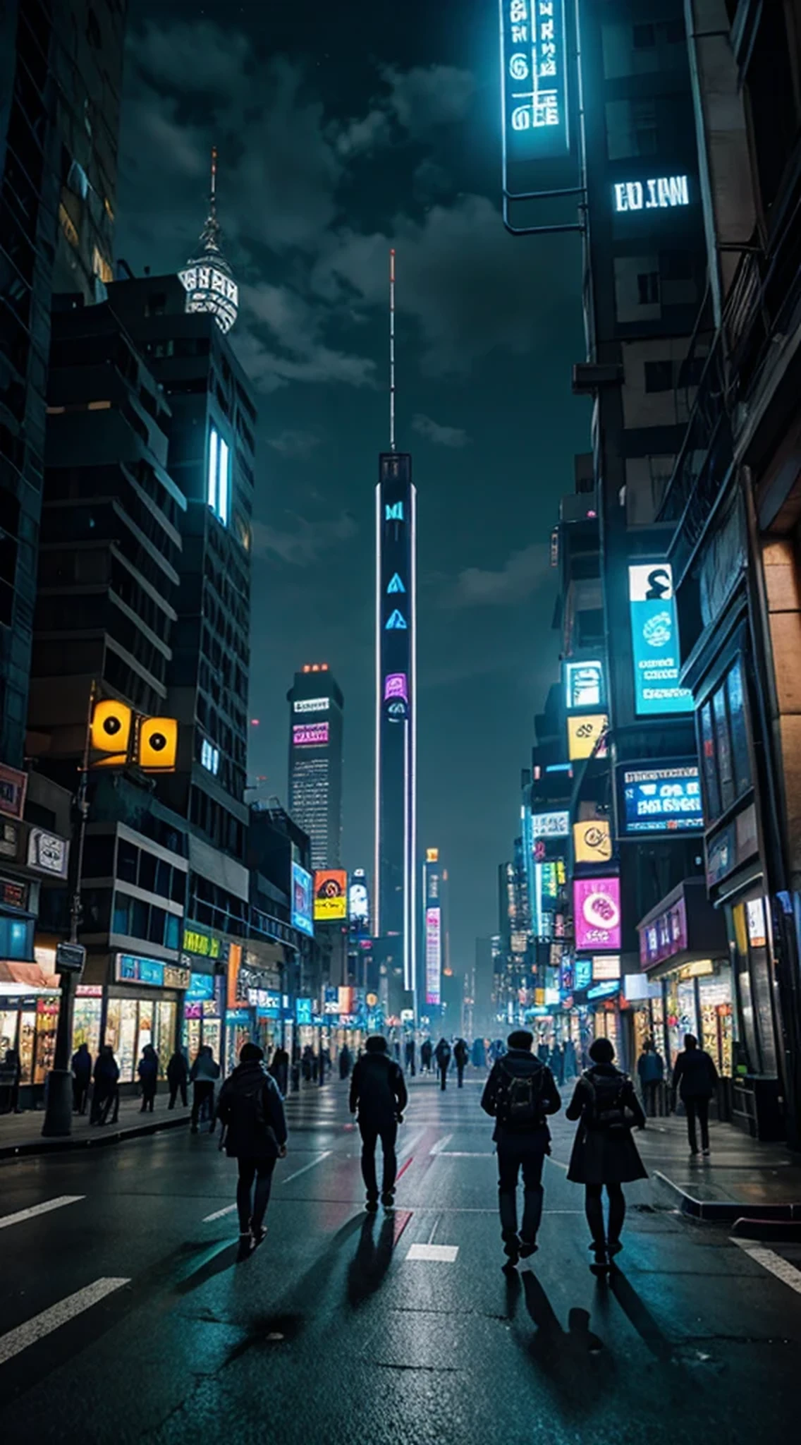 people walking in a city at night with a large clock tower in the background, in a futuristic cyberpunk city, futuristic cyberpunk scenario, arstation and beeple highly, in fantasy sci - fi city, sci-fi cyberpunk city street, busy cyberpunk metropolis, 3 d render beeple, cinematic beeple, cyberpunk city street, in style of beeple