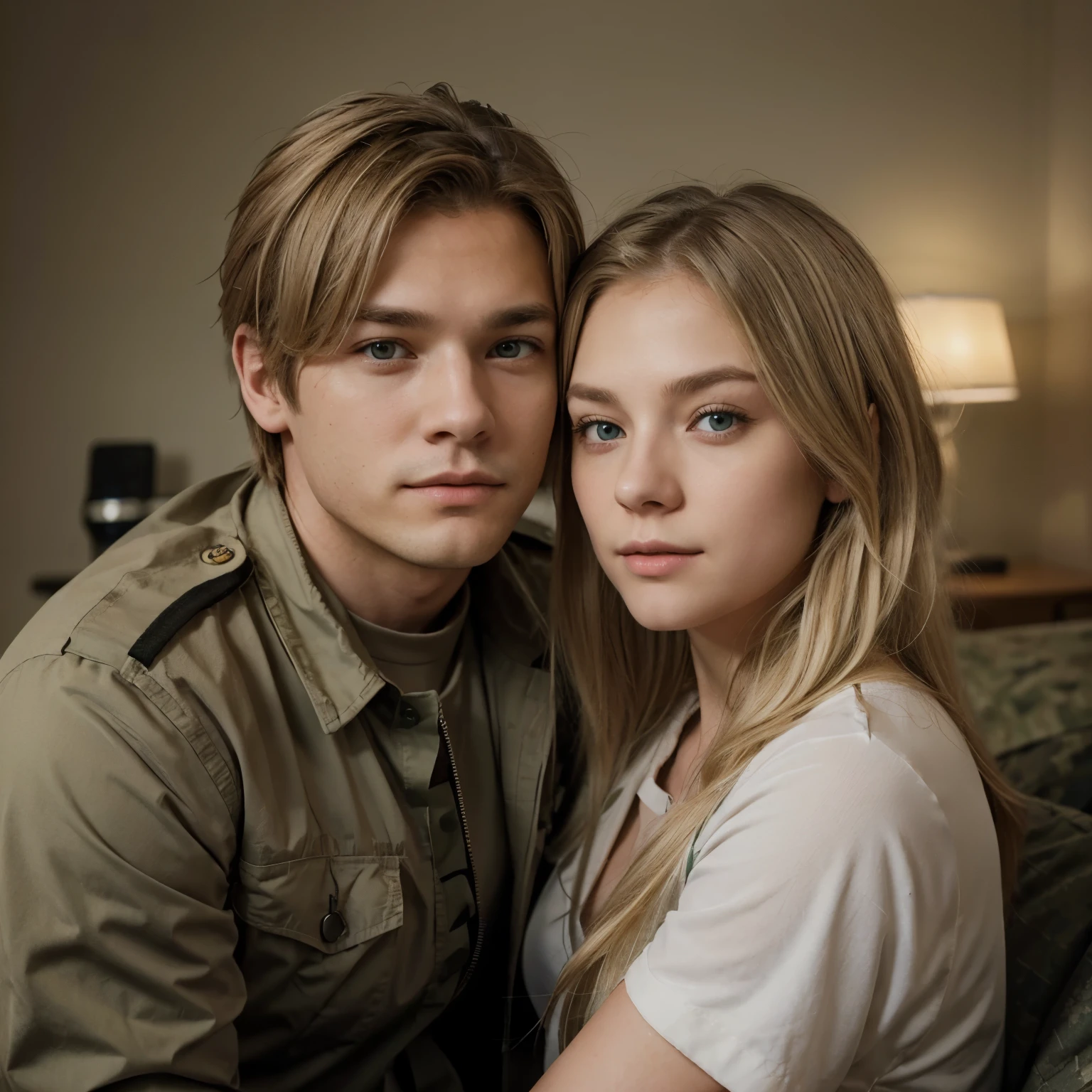A male person with short light blonde hair and gray eyes cuddles with a female person with long hair and green eyes. Im military Stiel.