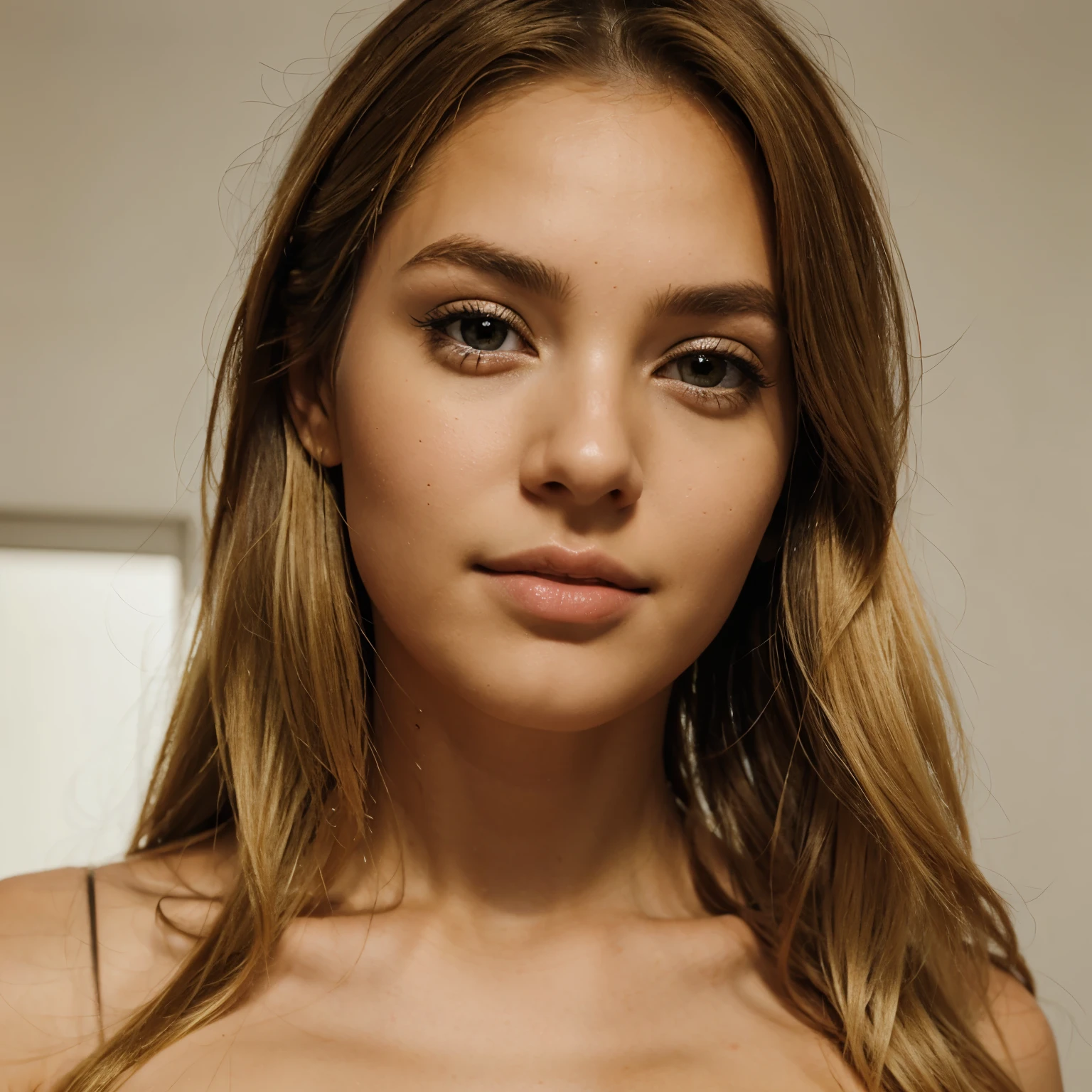 Photorealistic portrait of a young latina, 23 years old, with long flowing blond hair and striking blue eyes. She should have a natural, approachable expression and be lit by soft, golden light. the photo in a bedroom of a luxury apartment,  and she's on all fours on the bed . She's lying on the bed completely naked, her whole body and private parts visible.