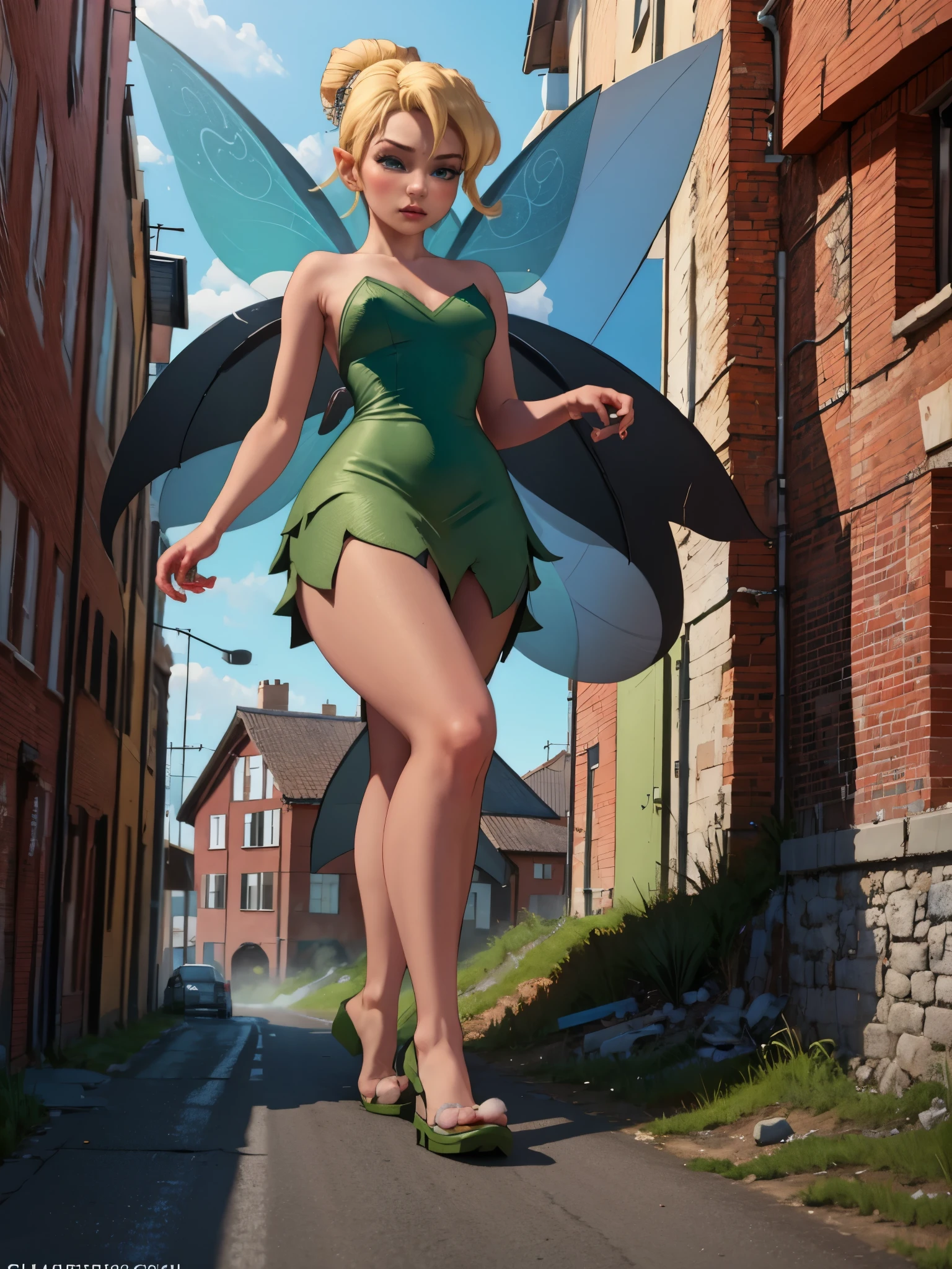 (masterpiece, best quality: 1.2), giantess, solo, 1girl, TinkerWaifu, fairy wings, blue eyes, green dress, sexy, hair bun, walking through the village