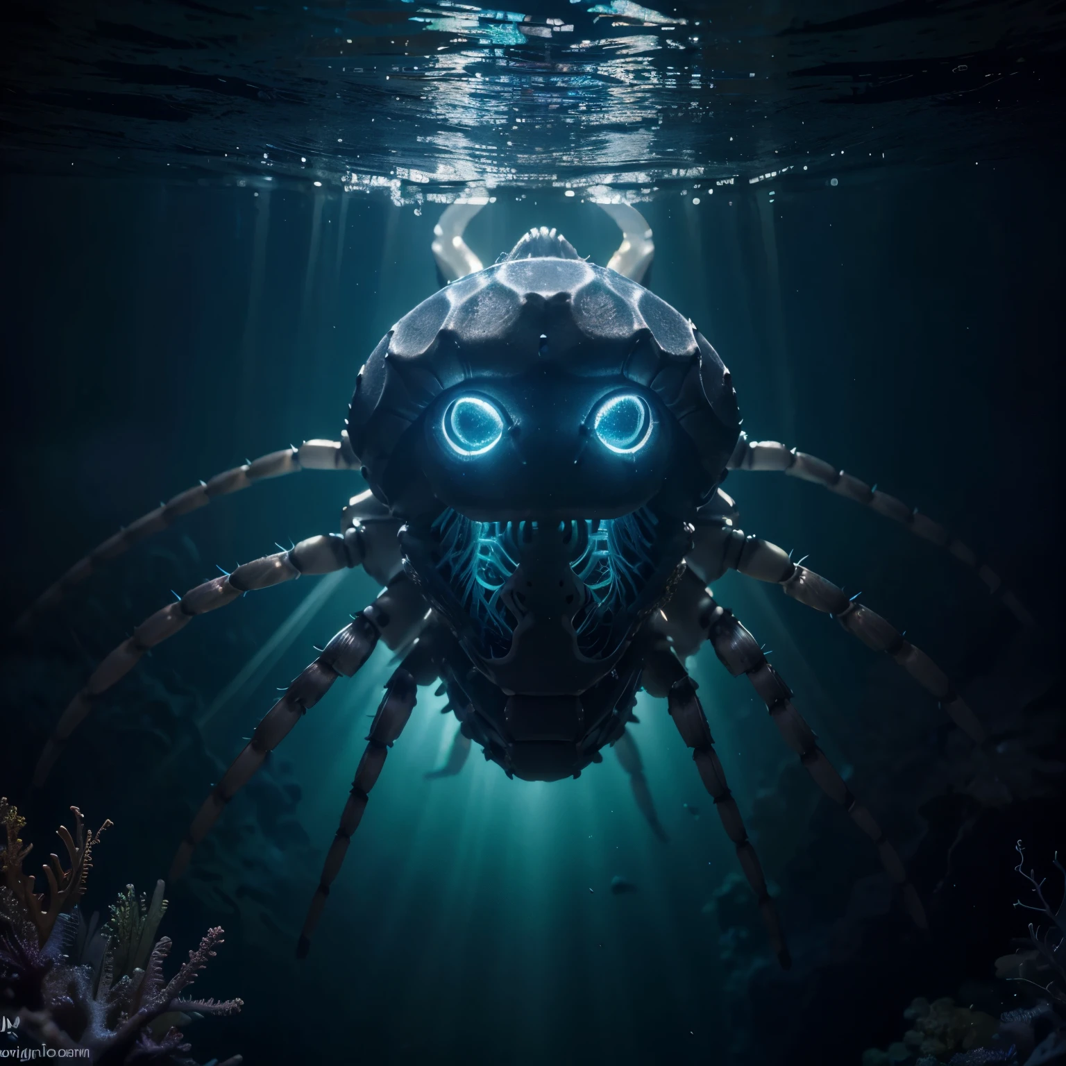 Ultra detailed photorealistic art masterpiece, creature portrait, mysterious deep sea jellyfish spidercrab fusion, crab claws, sharp teeth , mixed animals, glowing bioluminescence purple neon blue glowing, natural movement pose, 1000m deep underwater , realistic reflection, deep sea animal, mixed with dark elements, dark environment, very dark night , abstract, ultra detailed atmospheric details, beautiful glowing effects , realistic, complex masterpiece, enhanced colors, ultra detailed raytracing reflections, Ultra detailed complex background, underwater photography, spot light, by BoneAge