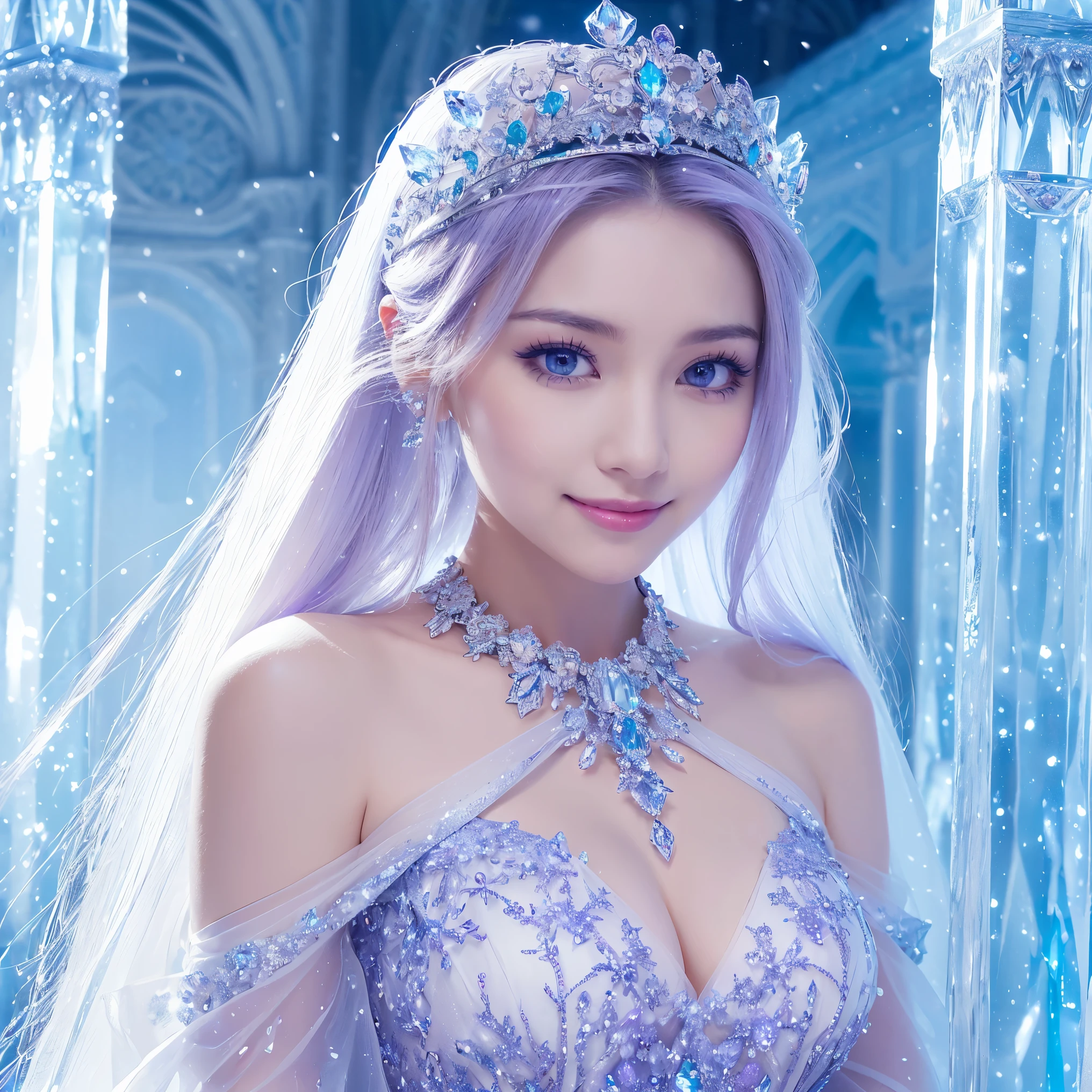 (masterpiece、highest quality、best image quality、8K、Award-winning work)、one goddess、(The most extravagant, sparkling, high-end gigantic costume:1.1)、(The most luxurious and highest quality giant tiara:1.1)、(The most luxurious and highest quality giant necklace:1.1)、(Beautiful purple and white gradation finest goddess costume:1.2)、(A goddess costume decorated with the finest decorations that shines in purple and white.:1.1)、(Finest goddess costume with perfect purple and white gradation:1.1)、upper body photo、(the best smile looking at me:1.2)、big breasts、Beautiful transparent sleeves of the highest quality、(Finest transparent sleeves with jewel decoration:1.1)、expose one&#39;s shoulders、Standing gracefully、(The most luxurious palace background made of ice:1.4)、(The most elaborate and luxurious ice palace cathedral:1.3)、(Inside the most mysterious giant palace made of ice:1.4)、(The most beautiful cathedral made of crystal clear ice:1.4)、(beautiful transparent ice:1.1)、(Mysterious fairy tale light blue fog:1.15)、The background is a detailed ice palace、beautiful ice ceiling、(Palace interior background made of intricately shining transparent ice:1.4)、(Elegant palace pillars made of ice:1.05)、the most intricate and luxurious decoration、(large amount of jewelry decoration:1.1)、最もComplex and detailed background、(It&#39;s snowing:1.1)、fine sparkling snow、(Tyndall effect:1.1)、Subtle sparkling snow、epic movie lighting、perfect makeup、long eyelashes、beautiful eyeshadow、(accurate anatomy:1.3)、Natural forehead、Complex and detailed background、the most delicate shine、background with depth、low contrast、Surrounded by soft light、(body facing forward:1.1)、(arms down:1.1)