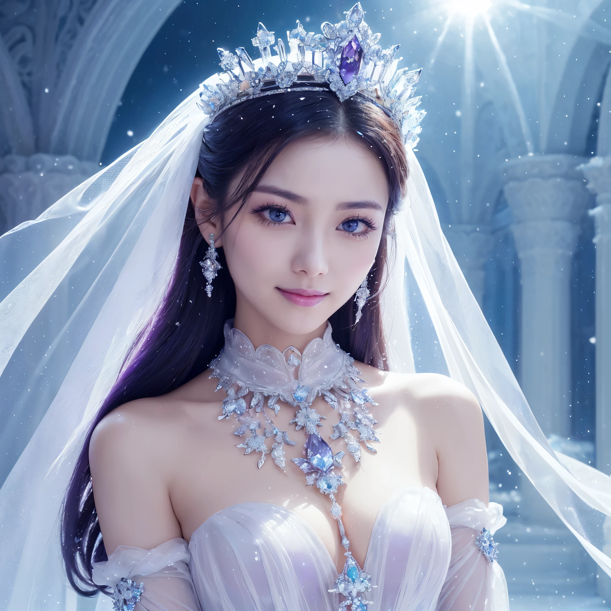 (masterpiece、highest quality、best image quality、8K、Award-winning work)、one goddess、(The most extravagant, sparkling, high-end gigantic costume:1.1)、(The most luxurious and highest quality giant tiara:1.1)、(The most luxurious and highest quality giant necklace:1.1)、(Beautiful purple and white gradation finest goddess costume:1.2)、(A goddess costume decorated with the finest decorations that shines in purple and white.:1.1)、(Finest goddess costume with perfect purple and white gradation:1.1)、upper body photo、(the best smile looking at me:1.2)、big breasts、Beautiful transparent sleeves of the highest quality、(Finest transparent sleeves with jewel decoration:1.1)、expose one's shoulders、Standing gracefully、(The most luxurious palace background made of ice:1.4)、(The most elaborate and luxurious ice palace cathedral:1.3)、(Inside the most mysterious giant palace made of ice:1.4)、(The most beautiful cathedral made of crystal clear ice:1.4)、(beautiful transparent ice:1.1)、(Mysterious fairy tale light blue fog:1.15)、The background is a detailed ice palace、beautiful ice ceiling、(Palace interior background made of intricately shining transparent ice:1.4)、(Elegant palace pillars made of ice:1.05)、the most intricate and luxurious decoration、(large amount of jewelry decoration:1.1)、最もComplex and detailed background、(It's snowing:1.1)、fine sparkling snow、(Tyndall effect:1.1)、Subtle sparkling snow、epic movie lighting、perfect makeup、long eyelashes、beautiful eyeshadow、(accurate anatomy:1.3)、Natural forehead、Complex and detailed background、the most delicate shine、background with depth、low contrast、Surrounded by soft light、(body facing forward:1.1)、(arms down:1.1)