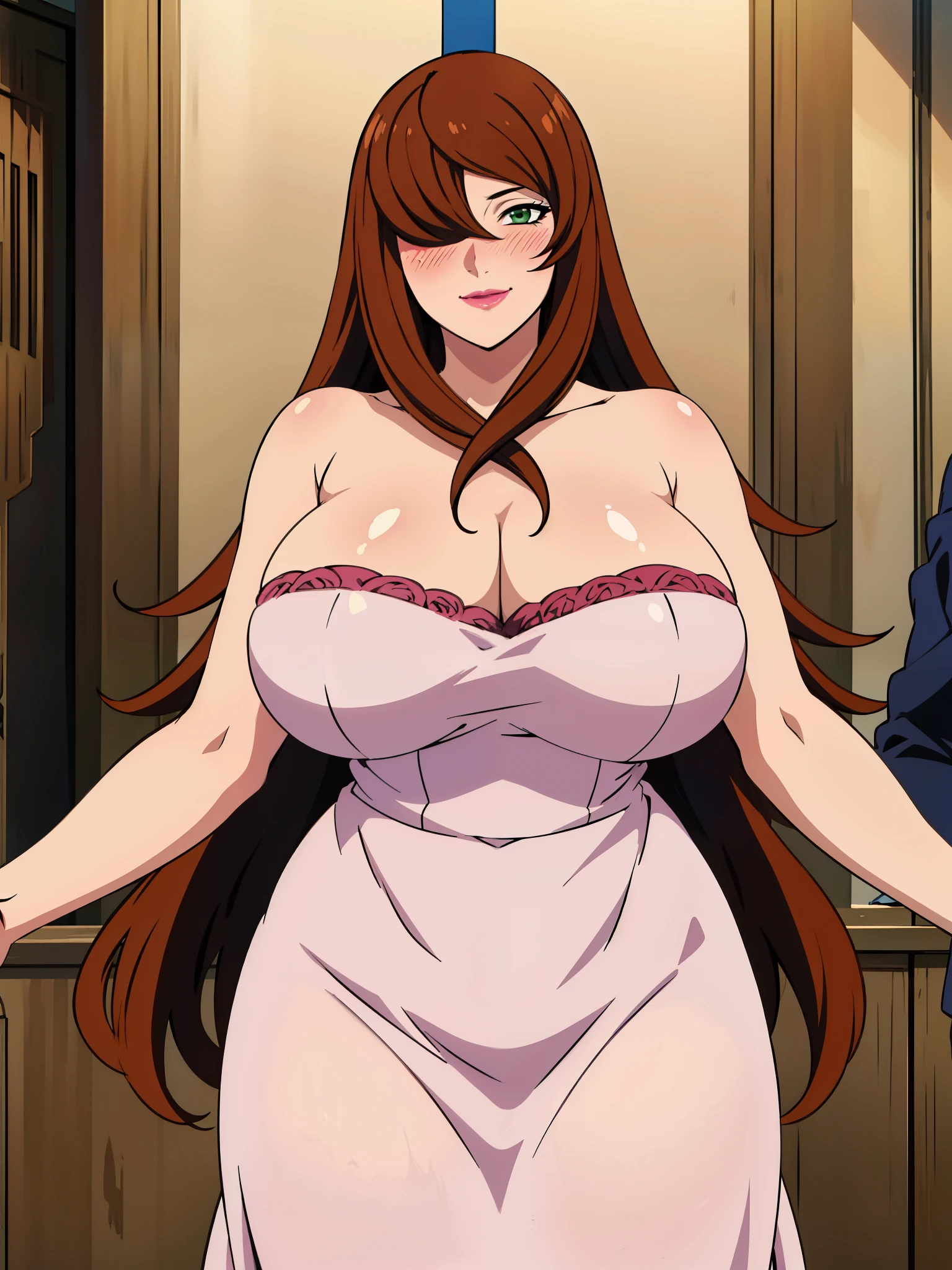 standing pose, very tempting pose, wedding accesoris on her head, wedding dress, church background, mei terumi, solo, takeda hiromitsu style, anime cels style, best quality, high resolution, (huge breasts:1.3), cowboy shot, blush, smiling, slim body, long hair, brown hair, green eyes, ((hair over one eye)), pink lipstick