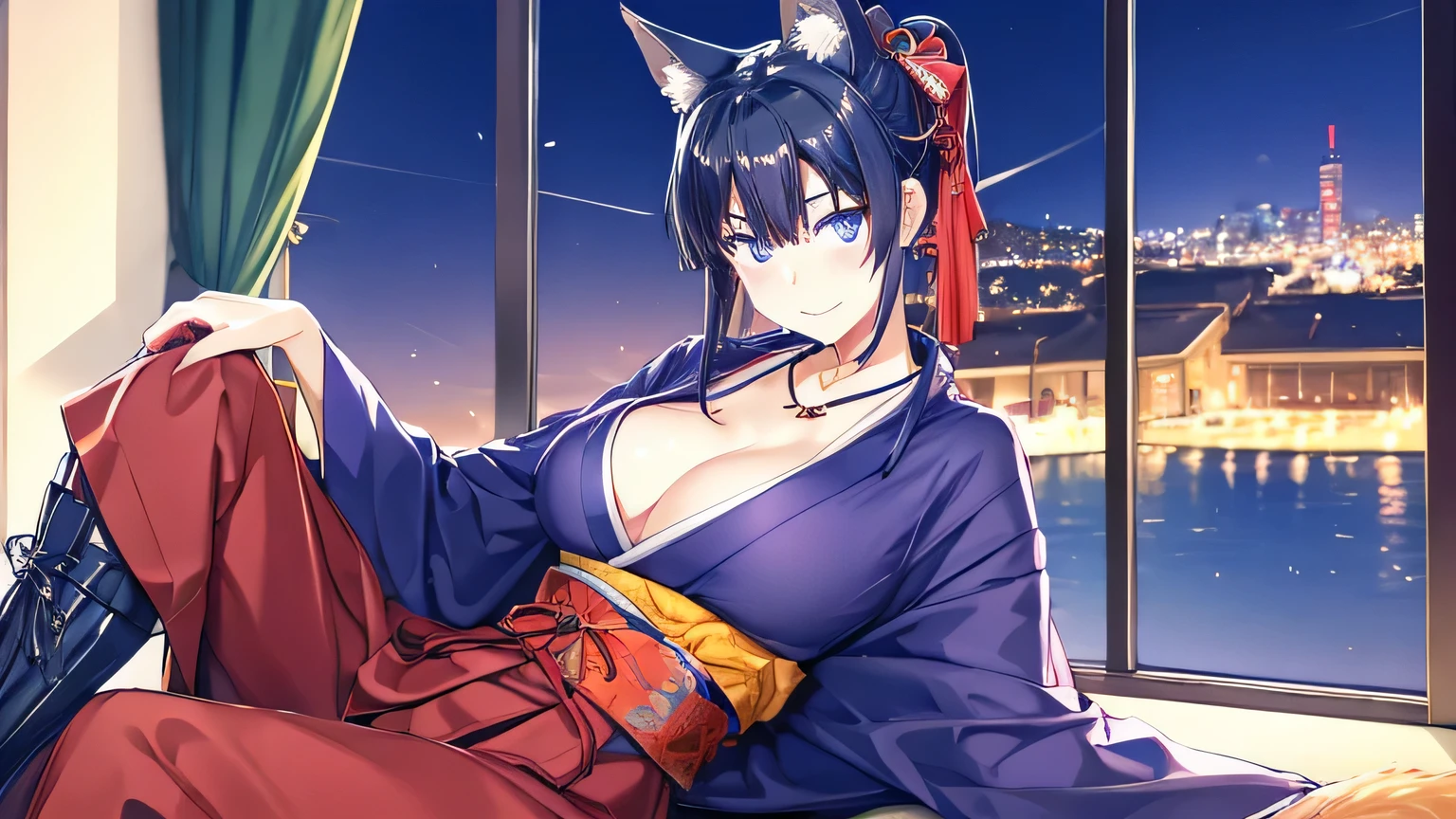 1 girl , alone ,Taisho Modern、big cleavage , greenish black hair、ponytail、fox ears、Brightly colored eyes、blue eyes、sunglasses、Dark purple kimono、red hair ornament、light purple long hakama、leather boots、Headphones around the neck、sunglasses、flashy necklace、sexy、charm、Wet、face turns red , sitting、Night city seen from the window