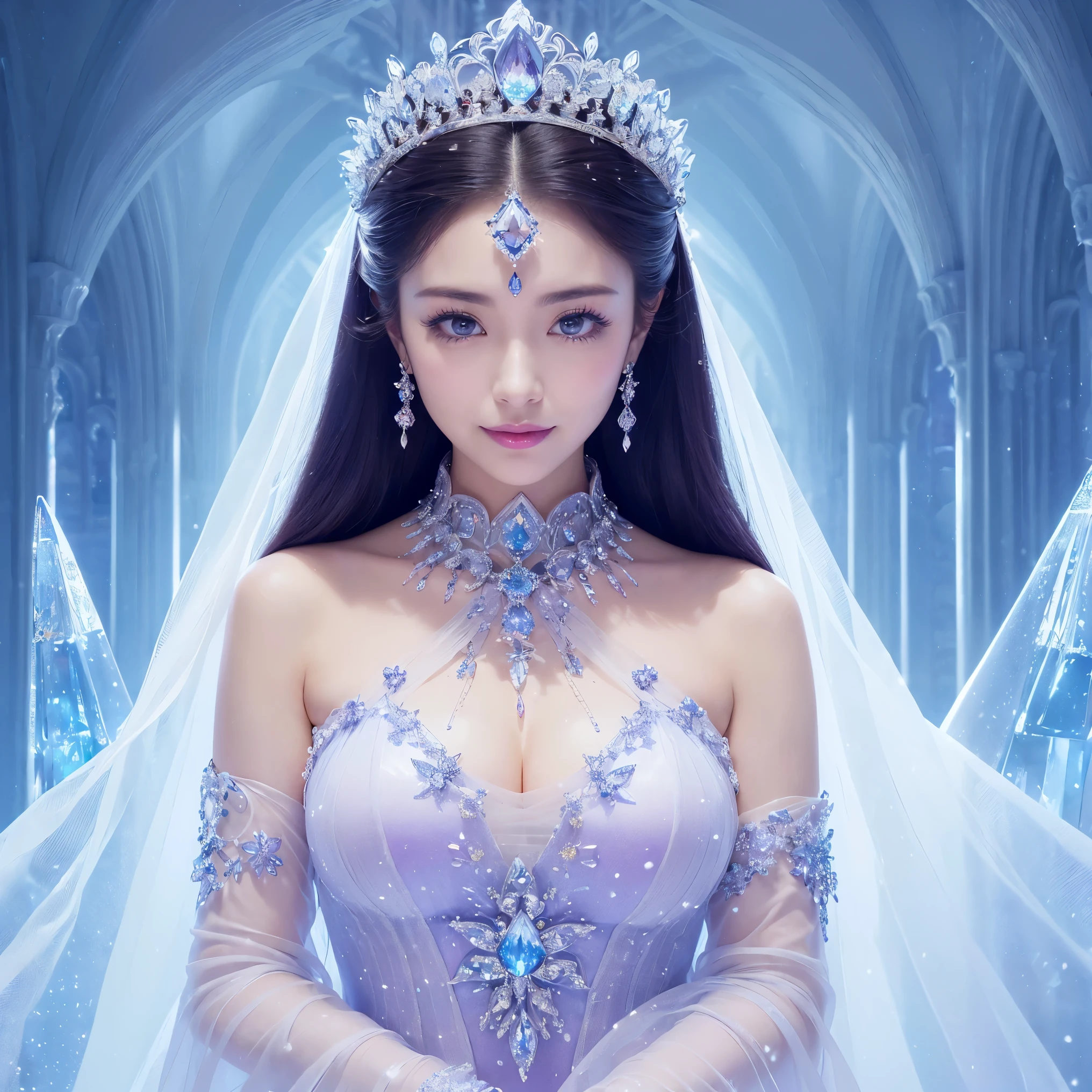 (masterpiece、highest quality、best image quality、8K、Award-winning work)、one goddess、(The most extravagant, sparkling, high-end gigantic costume:1.1)、(The most luxurious and highest quality giant tiara:1.1)、(The most luxurious and highest quality giant necklace:1.1)、(Beautiful purple and white gradation finest goddess costume:1.2)、(A goddess costume decorated with the finest decorations that shines in purple and white.:1.1)、(Finest goddess costume with perfect purple and white gradation:1.1)、upper body photo、(the best smile looking at me:1.2)、big breasts、Beautiful transparent sleeves of the highest quality、(Finest transparent sleeves with jewel decoration:1.1)、expose one's shoulders、Standing gracefully、(The most luxurious palace background made of ice:1.4)、(The most elaborate and luxurious ice palace cathedral:1.3)、(Inside the most mysterious giant palace made of ice:1.4)、(The most beautiful cathedral made of crystal clear ice:1.4)、(beautiful transparent ice:1.1)、(Mysterious fairy tale light blue fog:1.15)、The background is a detailed ice palace、beautiful ice ceiling、(Palace interior background made of intricately shining transparent ice:1.4)、(Elegant palace pillars made of ice:1.05)、the most intricate and luxurious decoration、(large amount of jewelry decoration:1.1)、最もComplex and detailed background、(It's snowing:1.1)、fine sparkling snow、(Tyndall effect:1.1)、Subtle sparkling snow、epic movie lighting、perfect makeup、long eyelashes、beautiful eyeshadow、(accurate anatomy:1.1)、Natural forehead、Complex and detailed background、the most delicate shine、background with depth、low contrast、Surrounded by soft light、(body facing forward:1.1)、(arms down:1.1)