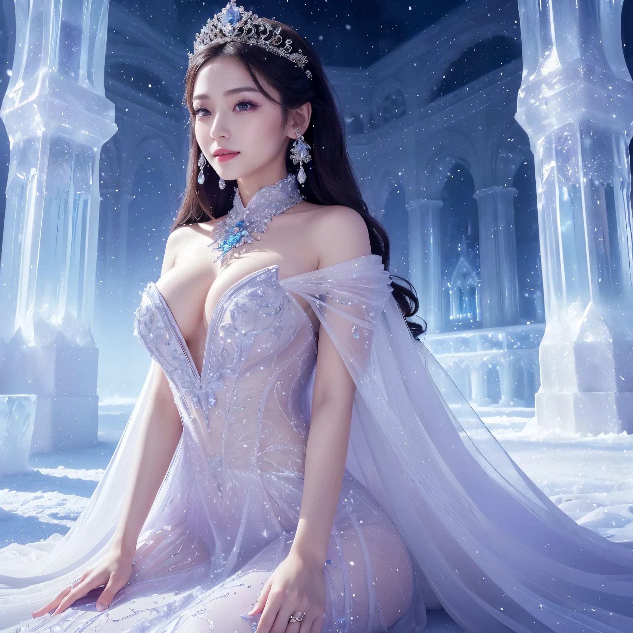 (masterpiece、highest quality、best image quality、8K、Award-winning work)、one goddess、(The most extravagant, sparkling, high-end gigantic costume:1.1)、(The most luxurious and highest quality giant tiara:1.1)、(The most luxurious and highest quality giant necklace:1.1)、(Beautiful purple and white gradation finest goddess costume:1.2)、(A goddess costume decorated with the finest decorations that shines in purple and white.:1.1)、(Finest goddess costume with perfect purple and white gradation:1.1)、upper body photo、(the best smile looking at me:1.2)、big breasts、Beautiful transparent sleeves of the highest quality、(Finest transparent sleeves with jewel decoration:1.1)、expose one's shoulders、Standing gracefully、(The most luxurious palace background made of ice:1.4)、(The most elaborate and luxurious ice palace cathedral:1.3)、(Inside the most mysterious giant palace made of ice:1.4)、(The most beautiful cathedral made of crystal clear ice:1.4)、(beautiful transparent ice:1.1)、(Mysterious fairy tale light blue fog:1.15)、The background is a detailed ice palace、beautiful ice ceiling、(Palace interior background made of intricately shining transparent ice:1.4)、(Elegant palace pillars made of ice:1.05)、the most intricate and luxurious decoration、(large amount of jewelry decoration:1.1)、最もComplex and detailed background、(It's snowing:1.1)、fine sparkling snow、(Tyndall effect:1.1)、Subtle sparkling snow、epic movie lighting、perfect makeup、long eyelashes、beautiful eyeshadow、(accurate anatomy:1.1)、Natural forehead、Complex and detailed background、the most delicate shine、background with depth、low contrast、Surrounded by soft light、(body facing forward:1.1)、(arms down:1.1)