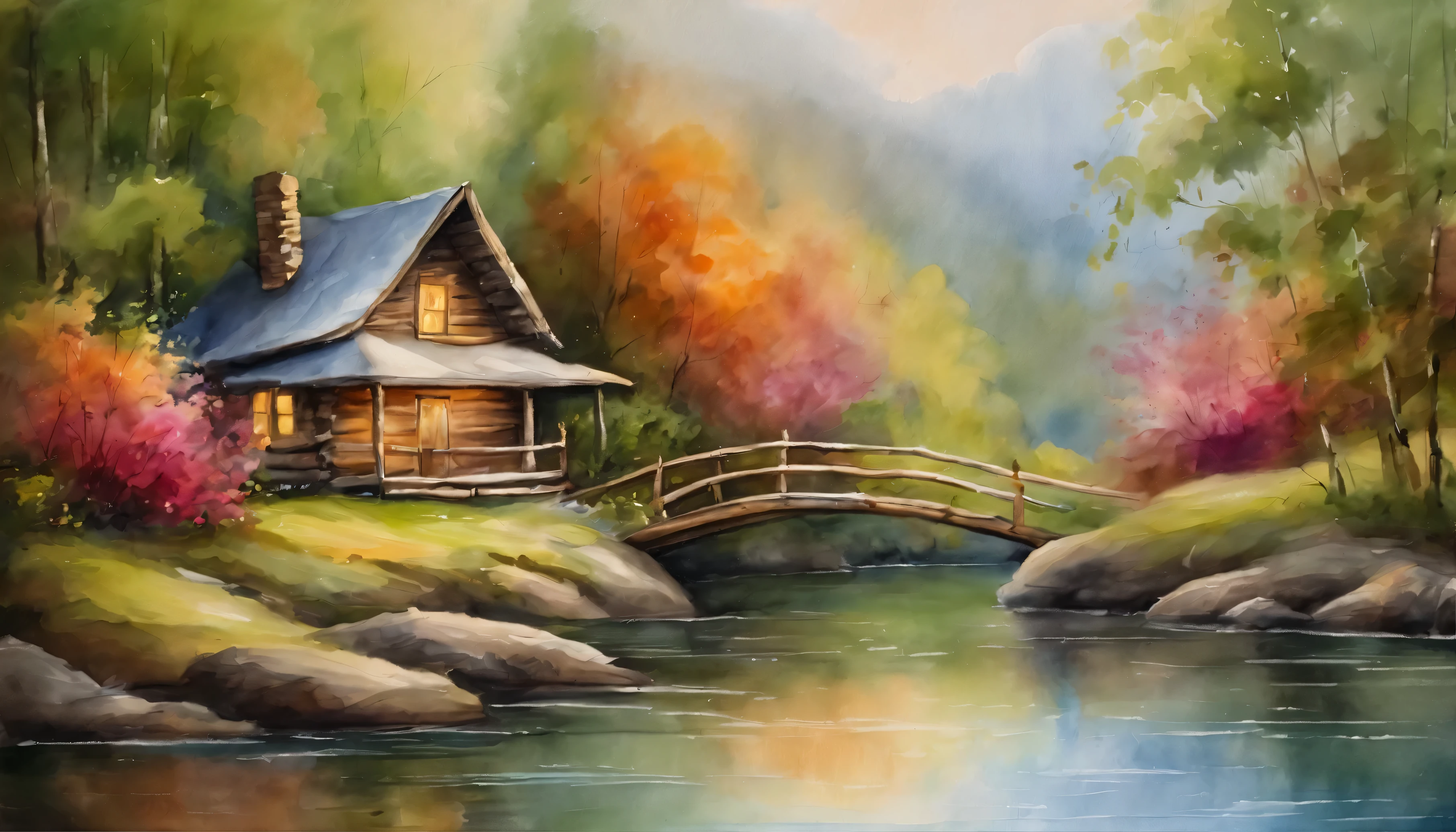 An old cabin by the pound, bamboo bridge, swans are in the water, flowers are blooming alongside the carvy road, inspired by Thomas Kinkade,