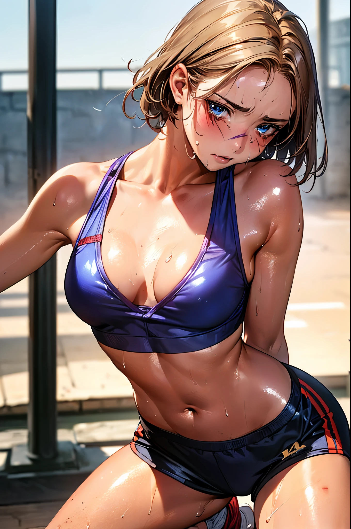 During a martial arts match,injury、kneeling:1.5、((perfect anatomy,realistic,:1.3,RAW Photography:1.3,masterpiece、highest quality、Ultra - High resolution、High resolution、Highly detailed CG、8K)),cowboy shot,1 female,solo,20 year old beauty、female martial arts athlete、beautiful detailed face and eyes,big and gorgeous eyes),dark blue eyes,(blonde hair,center parted bangs,big forehead,short hair),(large breasts,slender body,small head:1.4, toned body, gleaming skin,oily skin,shiny skgin,sweat,Bruises from being beaten a lot:1.7),(navy blue sports bra、Dark blue sports shorts、yellow fingerless gloves)、simple martial arts ring、dim lighting、underground、Audience in the background、