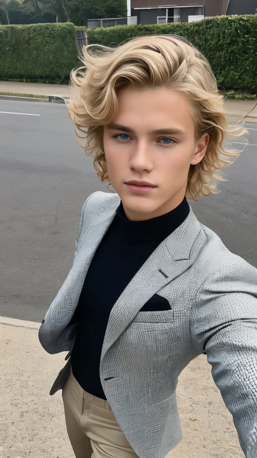 ((selfie)), ((ultra realistic)), (best quality, masterpiece:1,2), ultra-detailed, (perfect face), (full body), perfect proportions, young man, 20 years old, surfer look, hell blondes Haar, singer, , wears an elegant suit, dynamische Pose, sitzt auf einem Motorrad