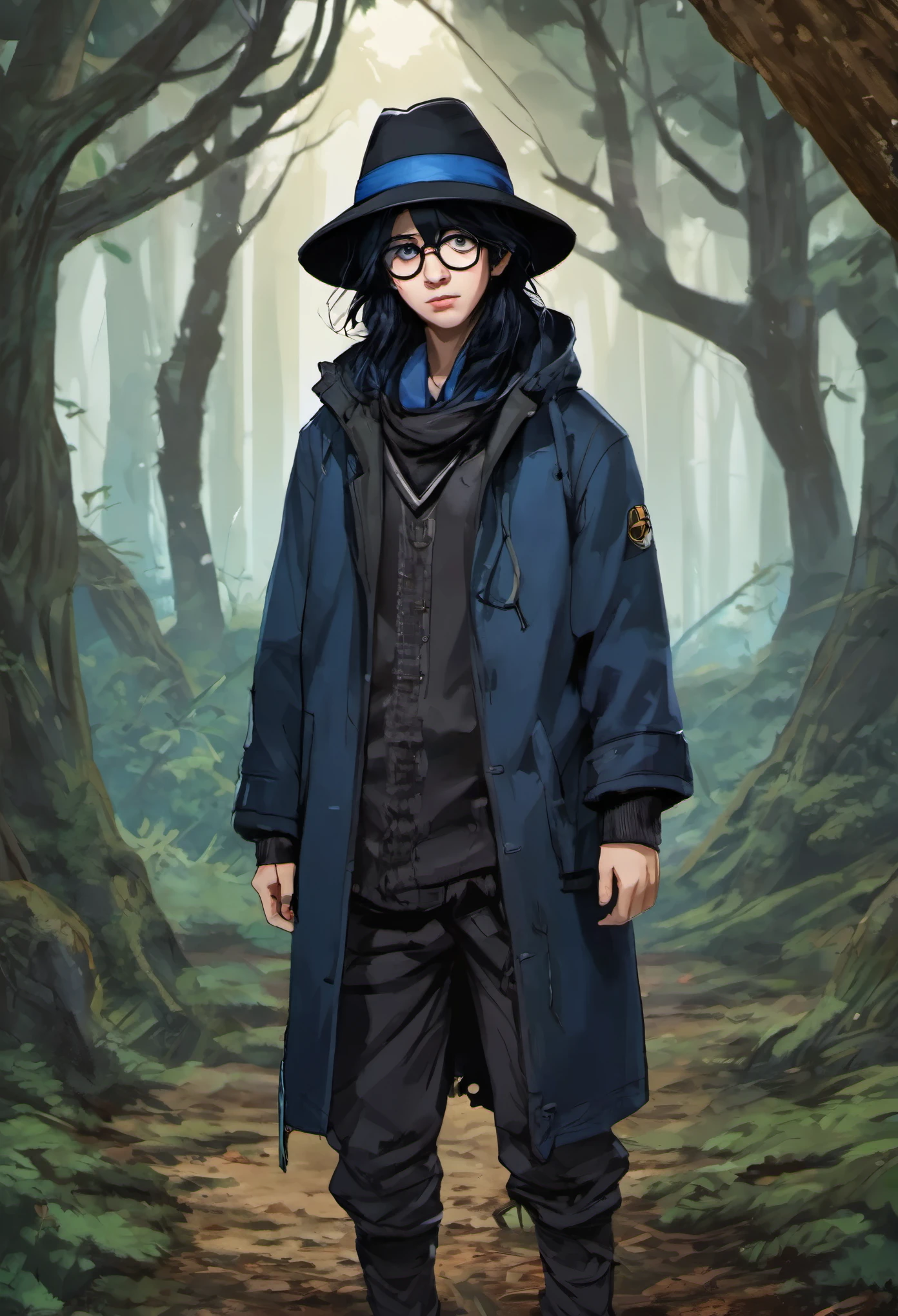 A boy with semi-long black hair and blue dyed tips with glasses and a black woolen hat and torn clothes must have a serious look in a gloomy forest