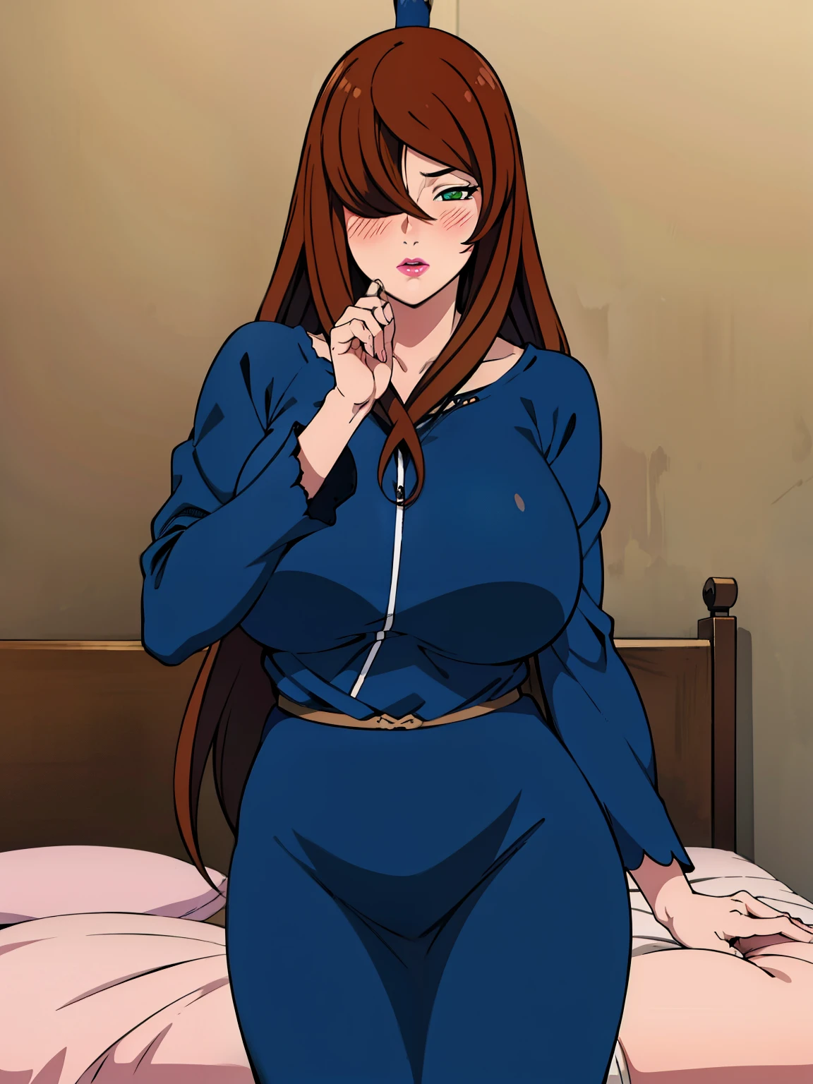 sitting at bed, want to kiss pose, standing pose, blue dress, (at bedroom), (bedroom background), mei terumi, solo, takeda hiromitsu style, anime cels style, best quality, high resolution, (huge breasts:1.3), cowboy shot, blush, (puckered up lips), slim body, long hair, brown hair, green eyes, ((hair over one eye)), closed eyes, pink lipstick