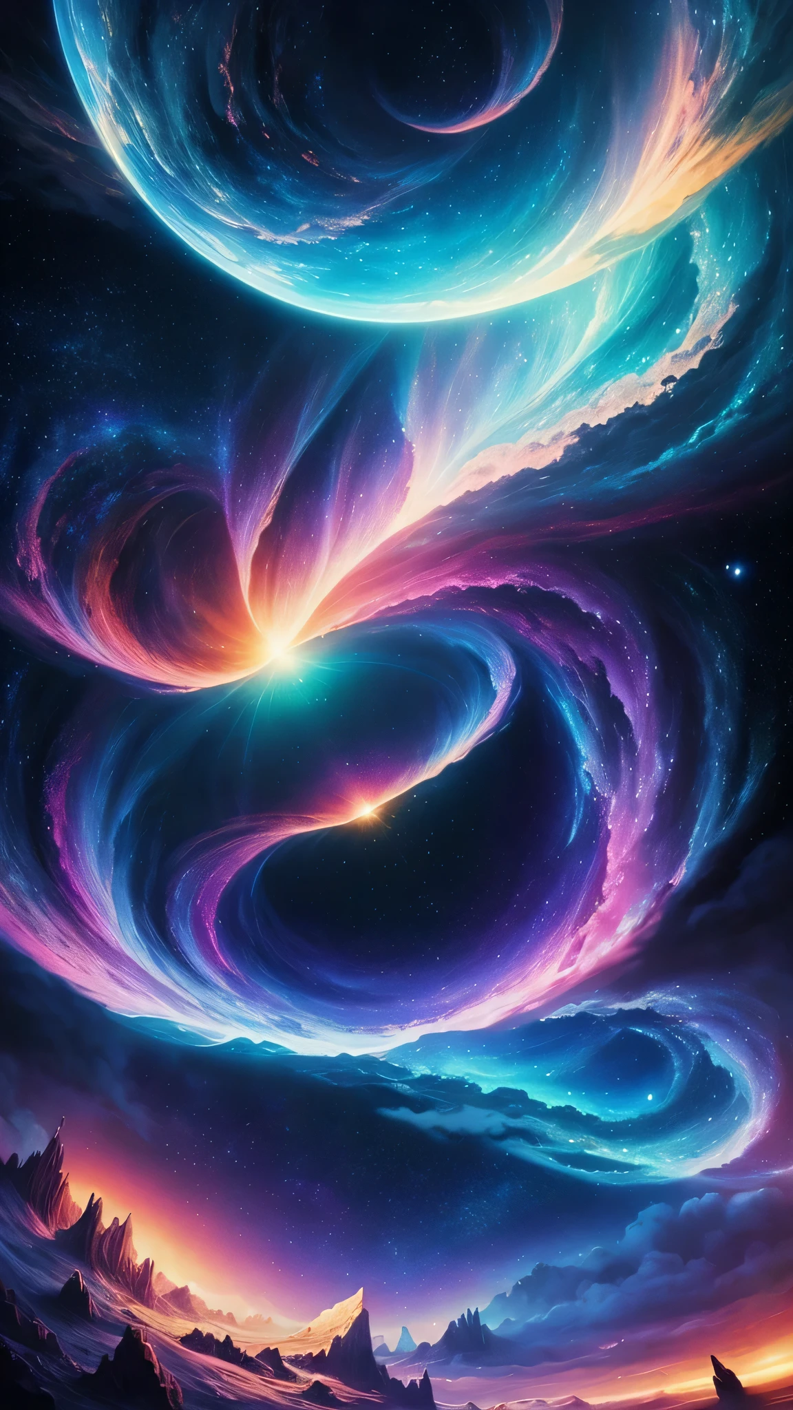 Create a unique painting, inspired by “Celestial Dreams”.,', that combines cosmic images and dreamy landscapes into a surreal masterpiece