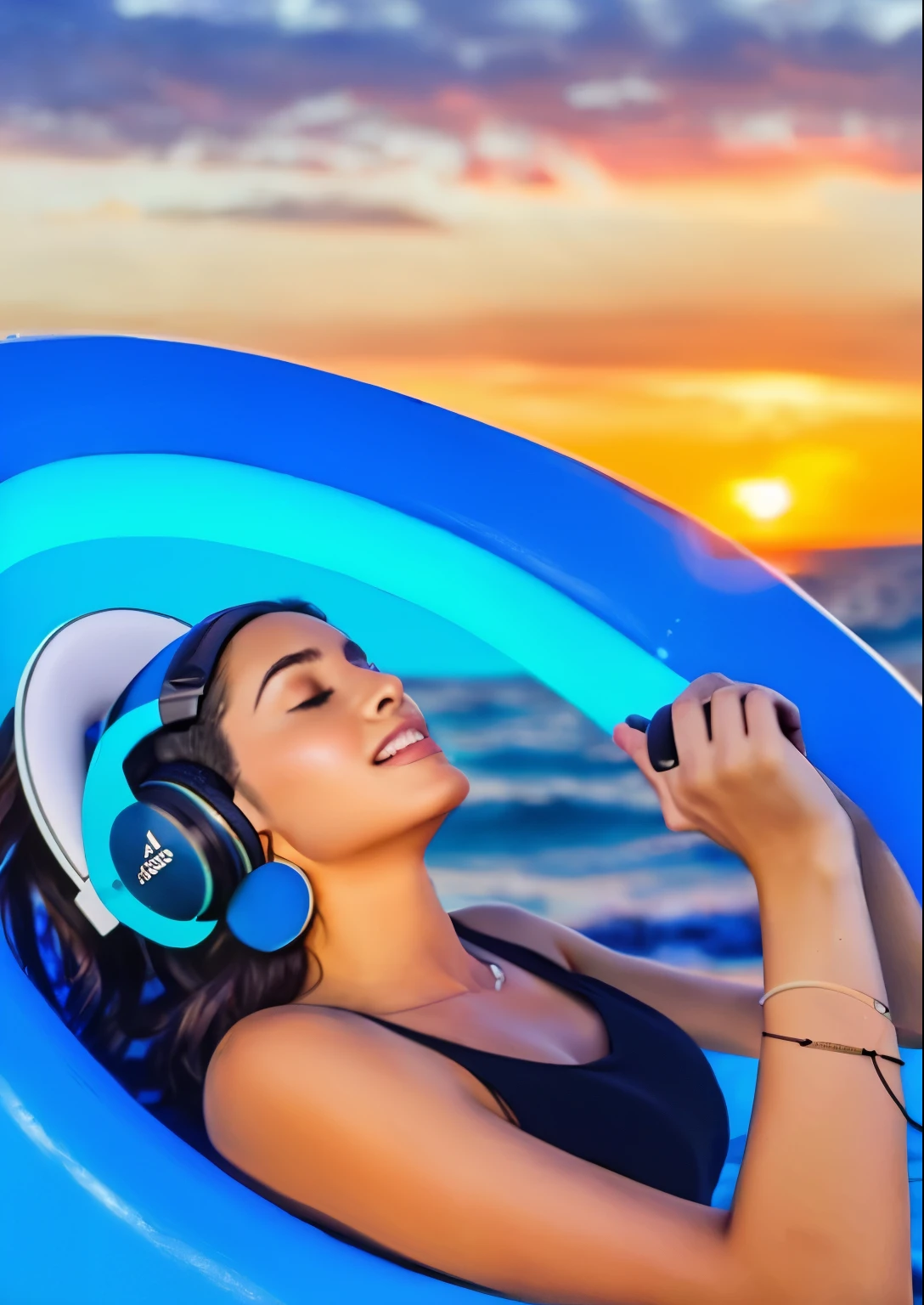 Gente conauriculares escuchando musica en un mueye sobre el mar utilizando auriculares d DJ