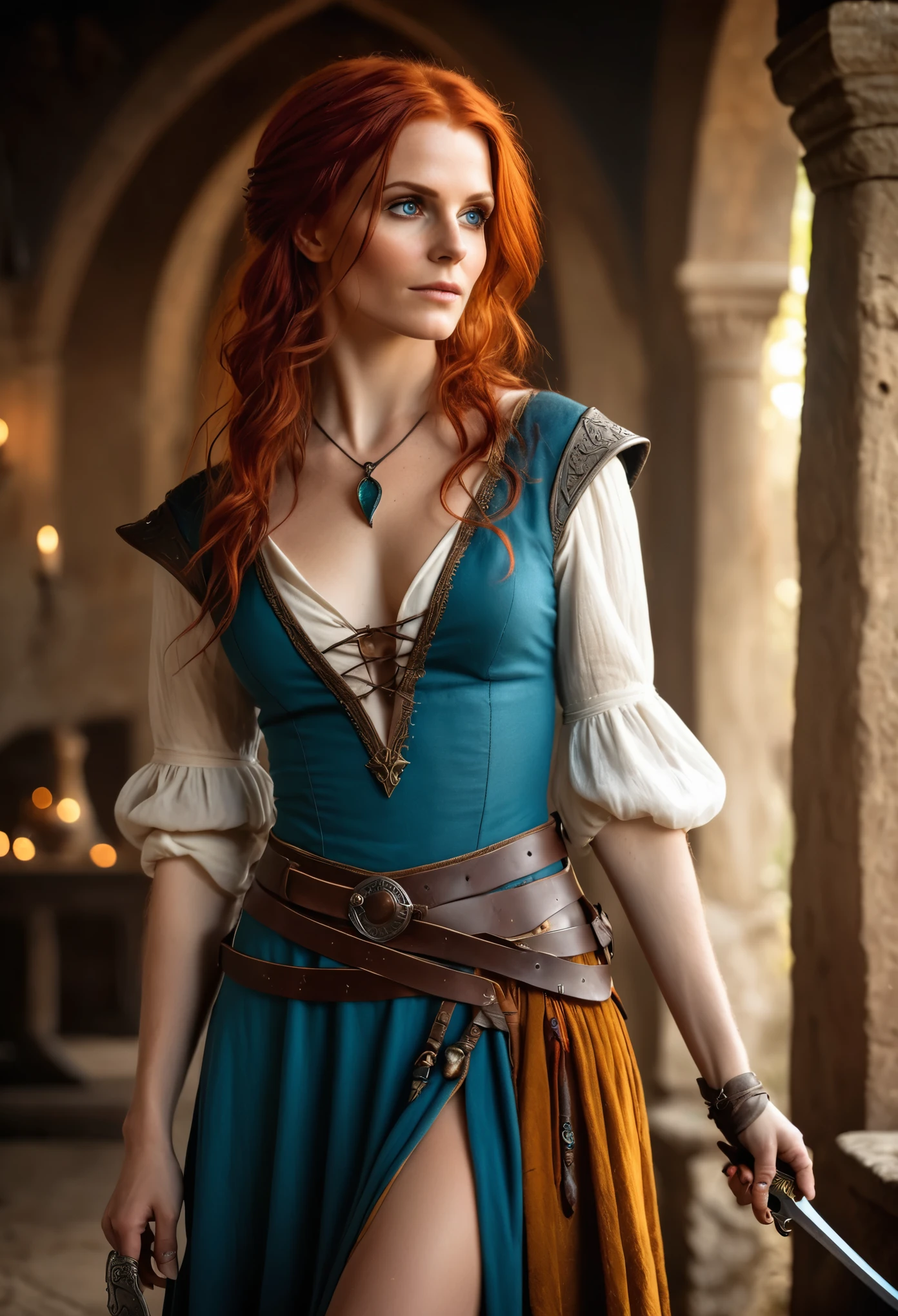 RAW,, Nikon Z 85mm, award-winning glamorous photography, beautiful 18-year-old sixteenth-century Russian, wearing low-cut dress and tight corset, she is in a medieval tavern, lit candle, small, large breasts, braided red hair, innocent blue eyes, ((highly detailed skin, skin details)), sharp focus, 8k uhd, dslr, high quality, film grain, russian face