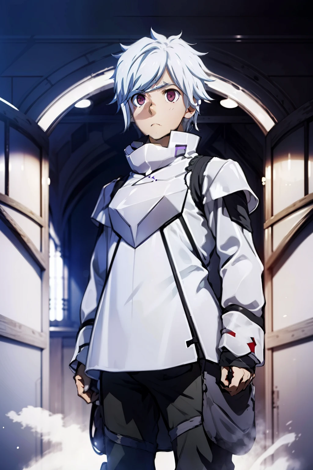 Boy standing in white room, white hair, purple eyes, washed out eyes, straight faced, midshot