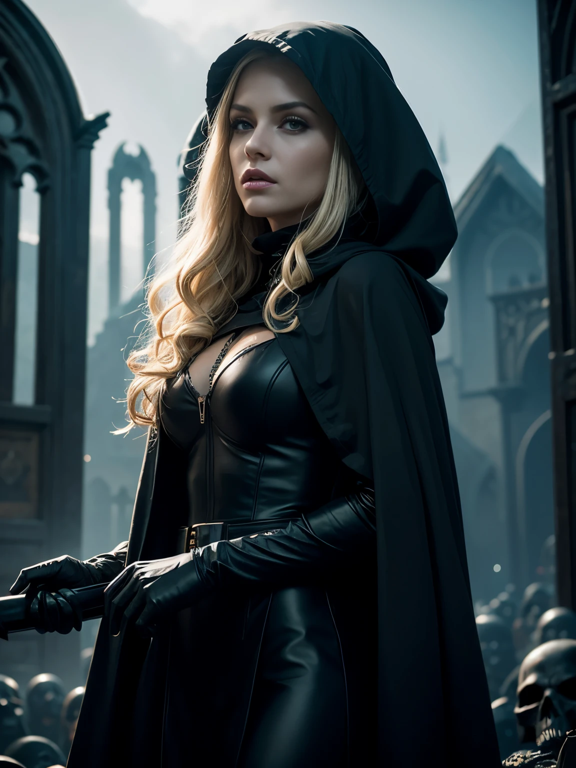 An ultra hot gorgeous European woman, age 23, long blonde detailed curly hair, tan skin, doe eyes, athletic build, hourglass figure, Queen of Death, black robes, sexy black outfit, grim reaper, exterior graveyard, surrounded by ones and skulls, black hood, hooded figure, make it look like a fantasy novel where she is the queen of death ruling over her subjects with a serious manner, gorgeous woman, woman, creepy but attractive, unnatural aura, sexy monsters, getting fucked by the grim reaper, with the grim reaper. Dramatic cinematic lighting m, horror movie scene, backlight.