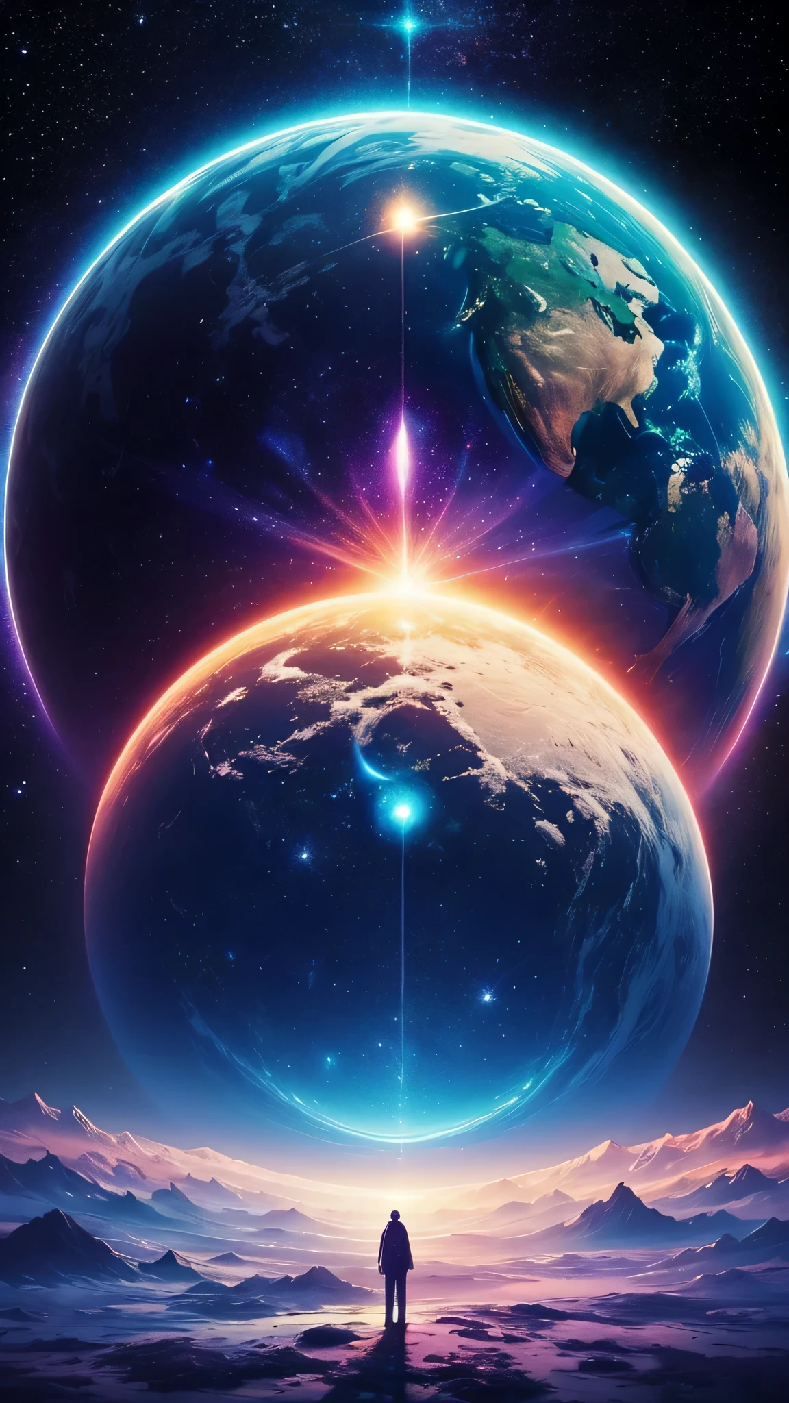 Create a unique painting, inspired by “Celestial Dreams”.,', that combines cosmic images and dreamy landscapes into a surreal masterpiece, symmetrisch, Planet, Trend auf Instagram, etwas Fremdes