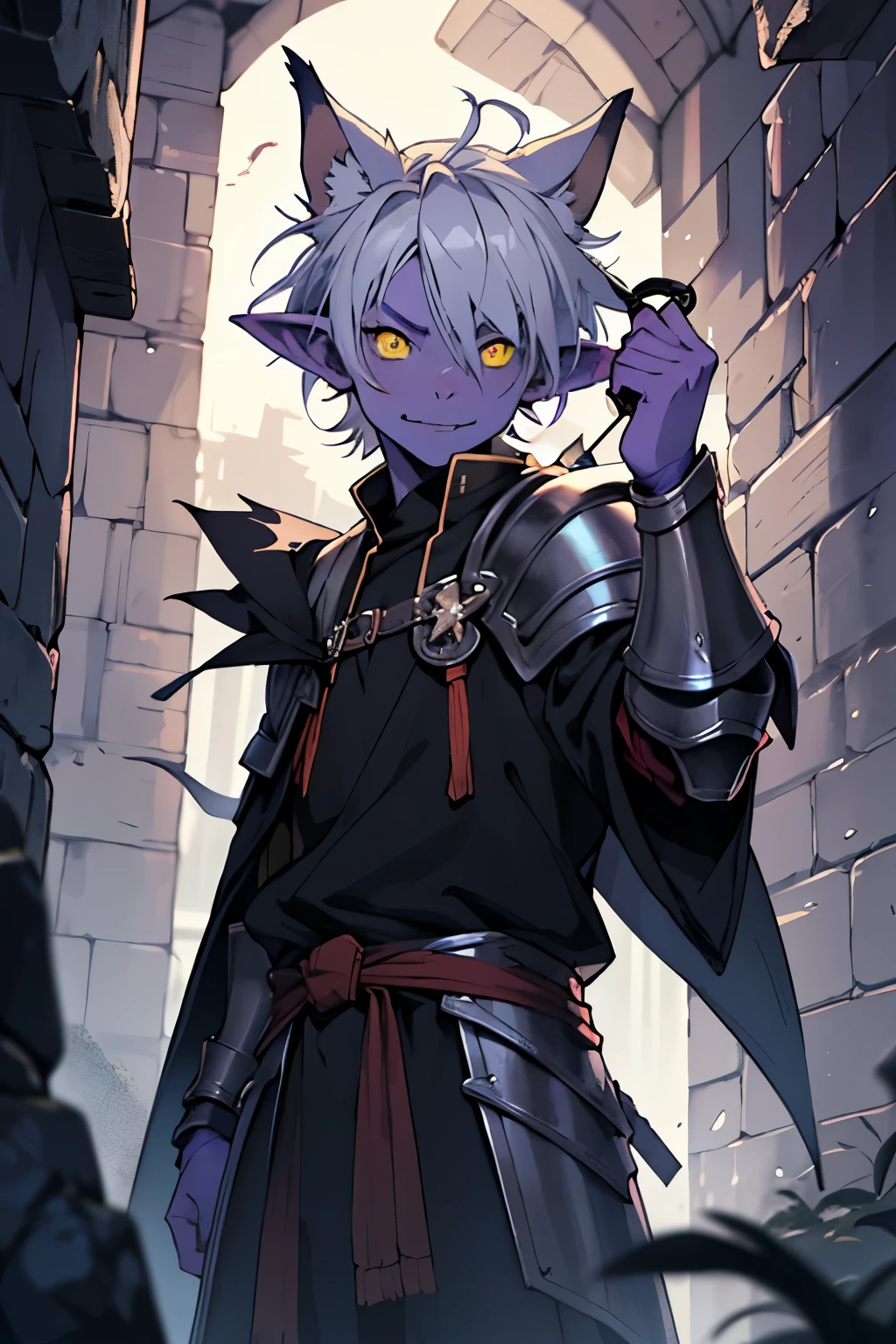 Best quality, masterpiece, super high resolution, a small goblin wizard in the Dungeons and Dragons universe in an anime cartoon style wearing armor and magic robes with purple skin, yellow eyes and silver hair holding a small magic wand with round furry ears, looking more adult but juvenile, with a bit more evil appearance