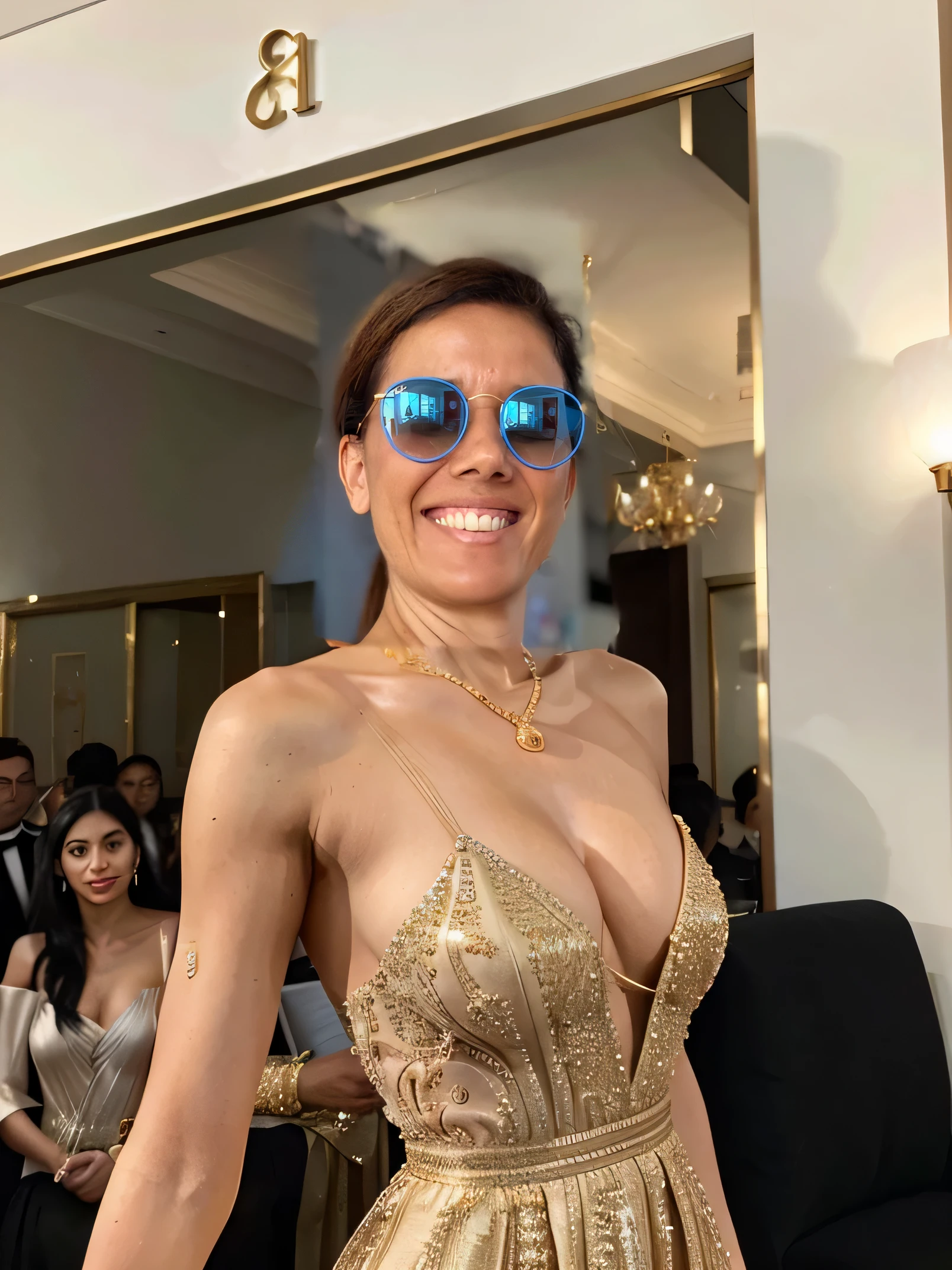 During the prestigious Palme d award ceremony&#39;Gold in Cannes, une femme se démarque non seulement par ses réalisations mais aussi par sa présence remarquable. dressed in&#39;a designer dress that is a true masterpiece&#39;haute couture work, sa silhouette est l&#39;incarnation de l&#39;élégance et de la sophistication. La robe, Un profond, noir enchanteur, features intricate thread embroidery&#39;gold that dances in the light with each graceful movement that&#39;elle fait. Discreet pearl inlays add a subtle touch of glamor, tandis que le design audacieux dos nu du décolleté garantit que tous les regards sont rivés sur elle..

Her hair is styled in a sophisticated low bun, accentuant l&#39;elegance of her outfit and making her curls shine&#39;sparkling ears and the delicate gold chain around her neck. L&#39;ensemble est complété par une montre de luxe et un bracelet en diamants au poignet., symbols of his refined taste. Dans sa main, she is holding a designer clutch, l&#39;perfect accessory for evening essentials.

Alors qu&#39;she moves around the room, sa présence attire l&#39;attention. His outfit not only reflects the greatness of the&#39;opportunity but also his confidence and his grace.. She moves easily in the crowd, embodying the pinnacle of femininity and refinement. Son apparition à la cérémonie de remise de la Palme d&#39;Gold in Cannes est inoubliable, laissant une impression durable sur tous ceux qui sont témoins de son élégance rayonnante.