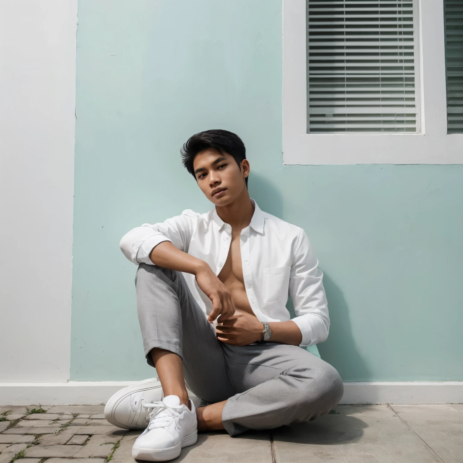 a handsome Indonesian young man wearing a white shirt, gray trousers, white sneakers, sitting leaning against a minty minimalist wall, minimalism photo, precision, realistic photo, ultra HD
