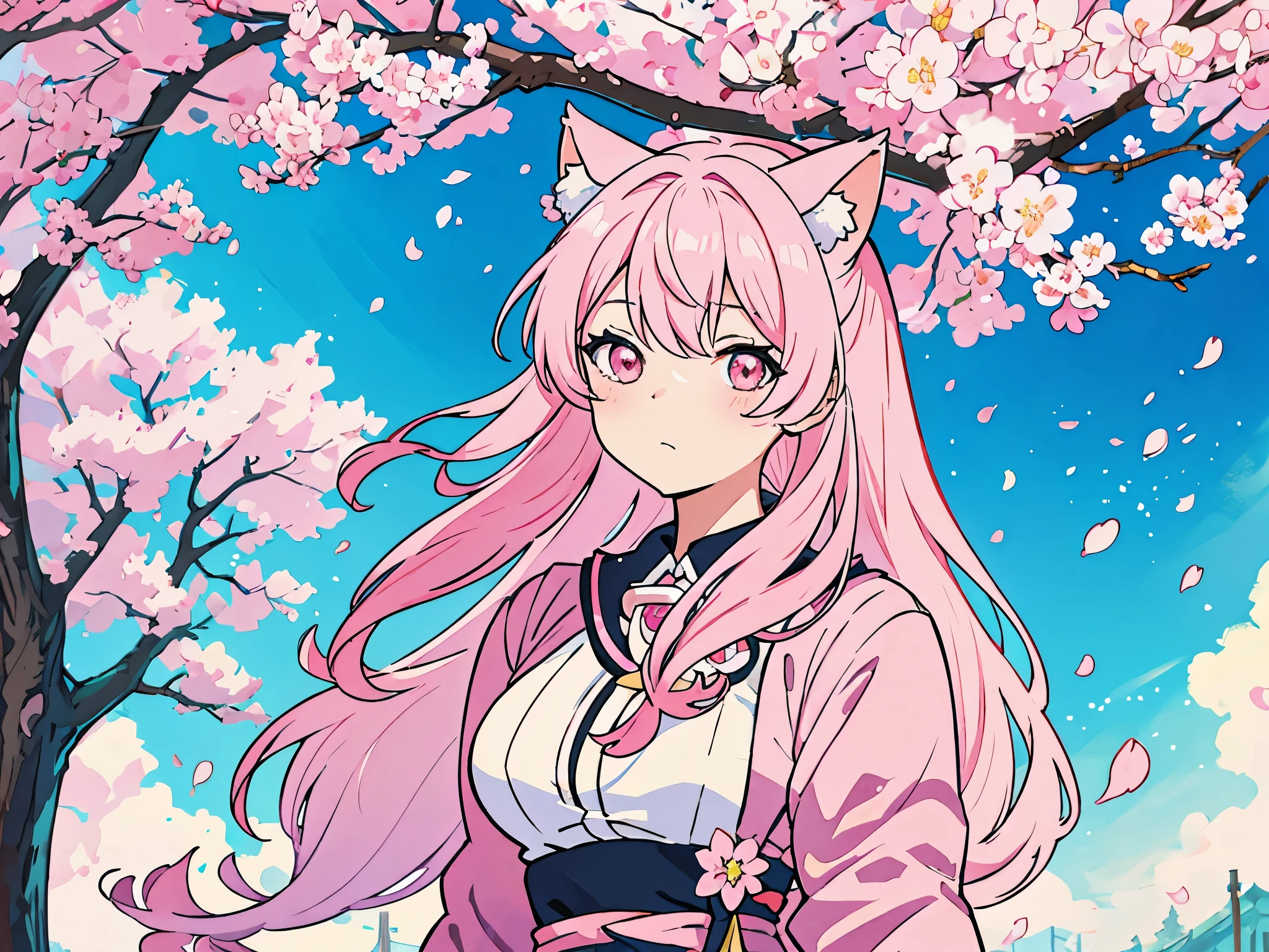 anime girl with pink hair and cat ears in front of a cherry tree, an anime drawing by Kamagurka, pixiv contest winner, furry art, anime moe artstyle, anime artstyle, anime style portrait, sakura petals around her, high quality anime artstyle, beautiful anime portrait, pretty anime girl, anime art style, anime style 4 k