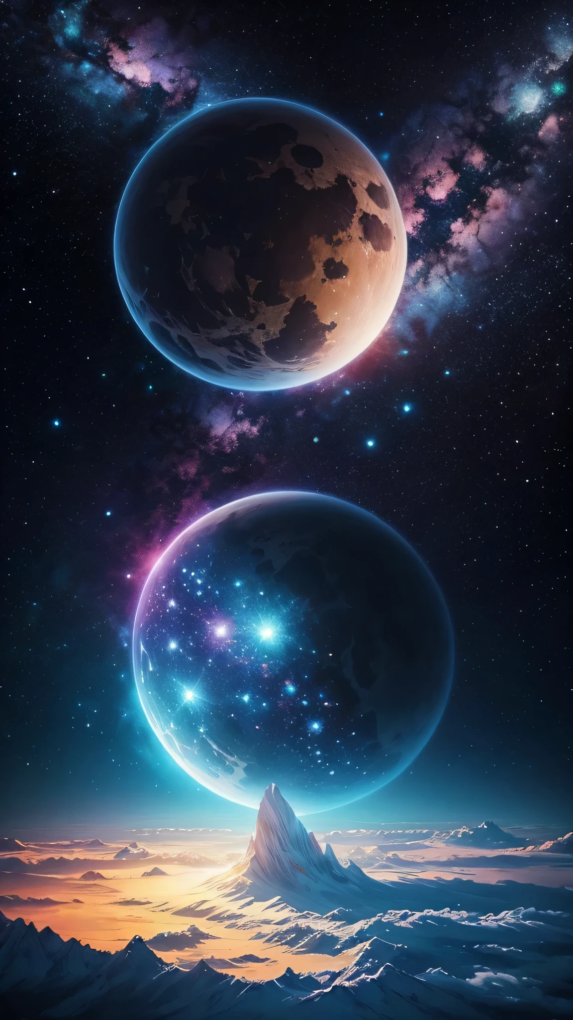Create a unique painting, inspired by “Celestial Dreams”.,', that combines cosmic images and dreamy landscapes into a surreal masterpiece, symmetrisch, Planet, Trend auf Instagram, etwas Fremdes