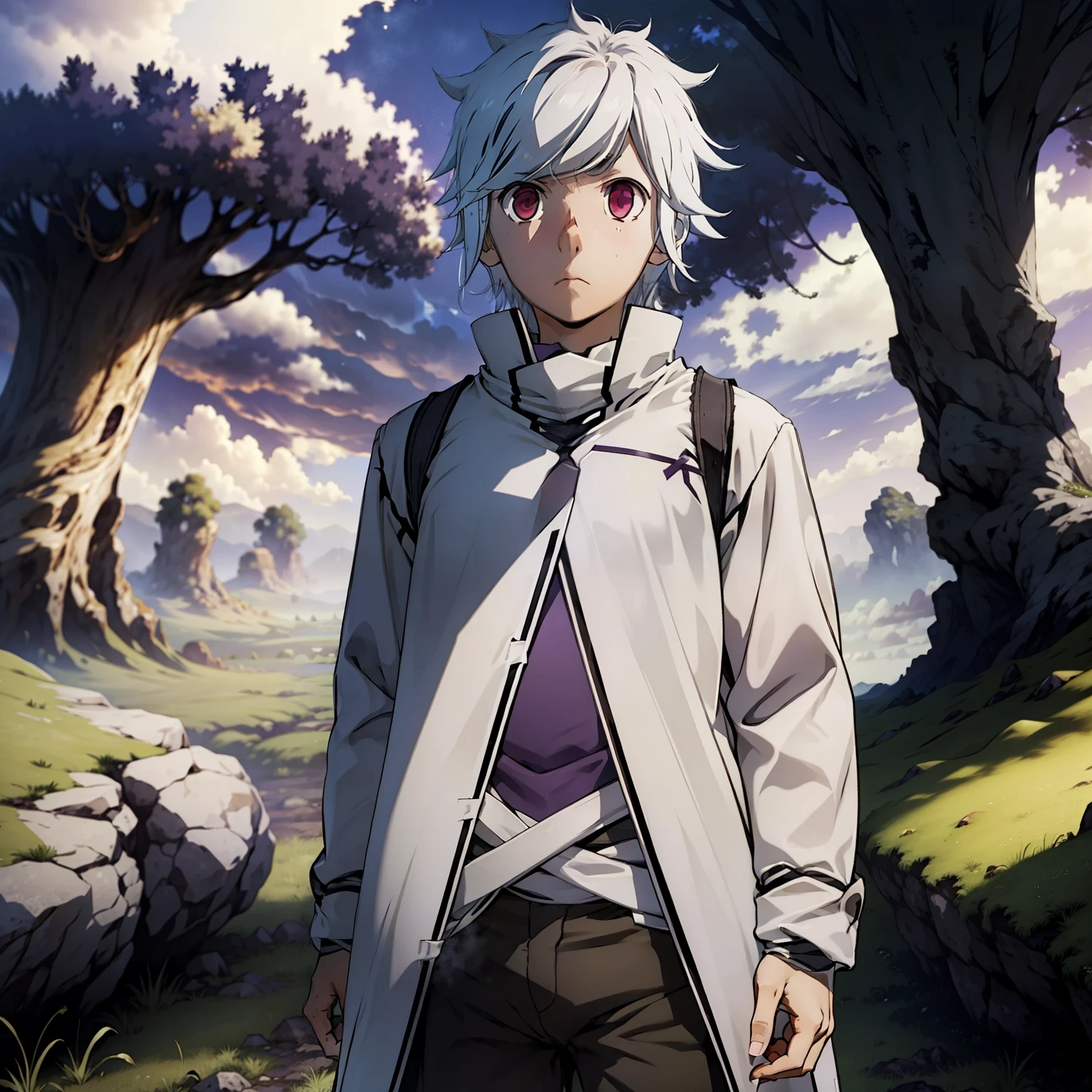 Boy standing in grass plain, night, strars, white hair, dark purple eyes, washed out eyes, sad, midshot