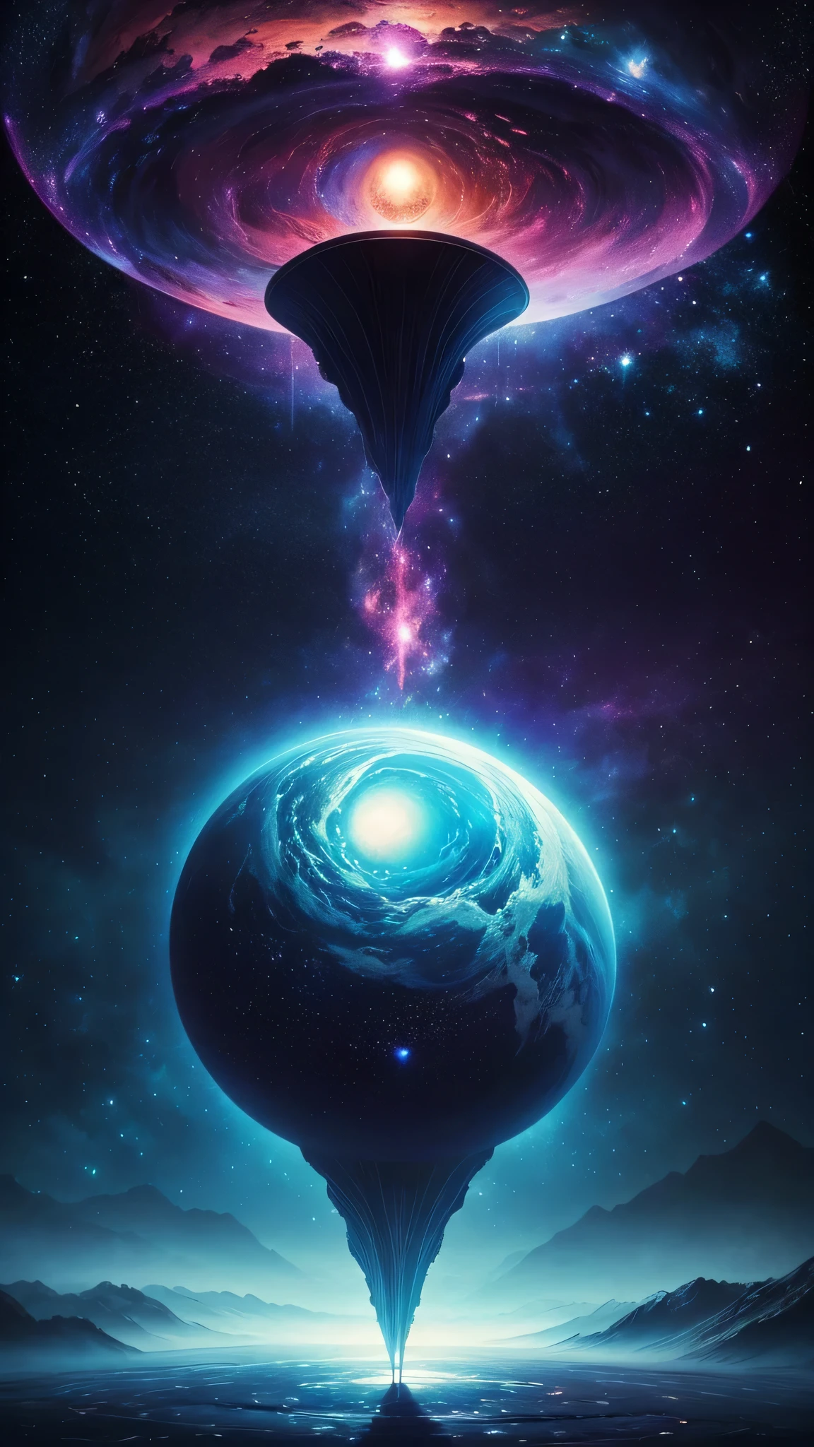 Create a unique painting, inspired by “Celestial Dreams”.,&#39;, that combines cosmic images and dreamy landscapes into a surreal masterpiece, symmetrisch, Planet, Trend auf Instagram, etwas Fremdes, Alien im klein im Vordergrund, 2 Monde