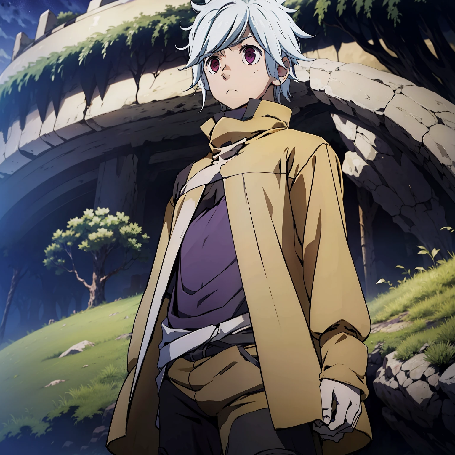 Boy standing in grass plain, night, strars, white hair, dark purple eyes, washed out eyes, sad, midshot