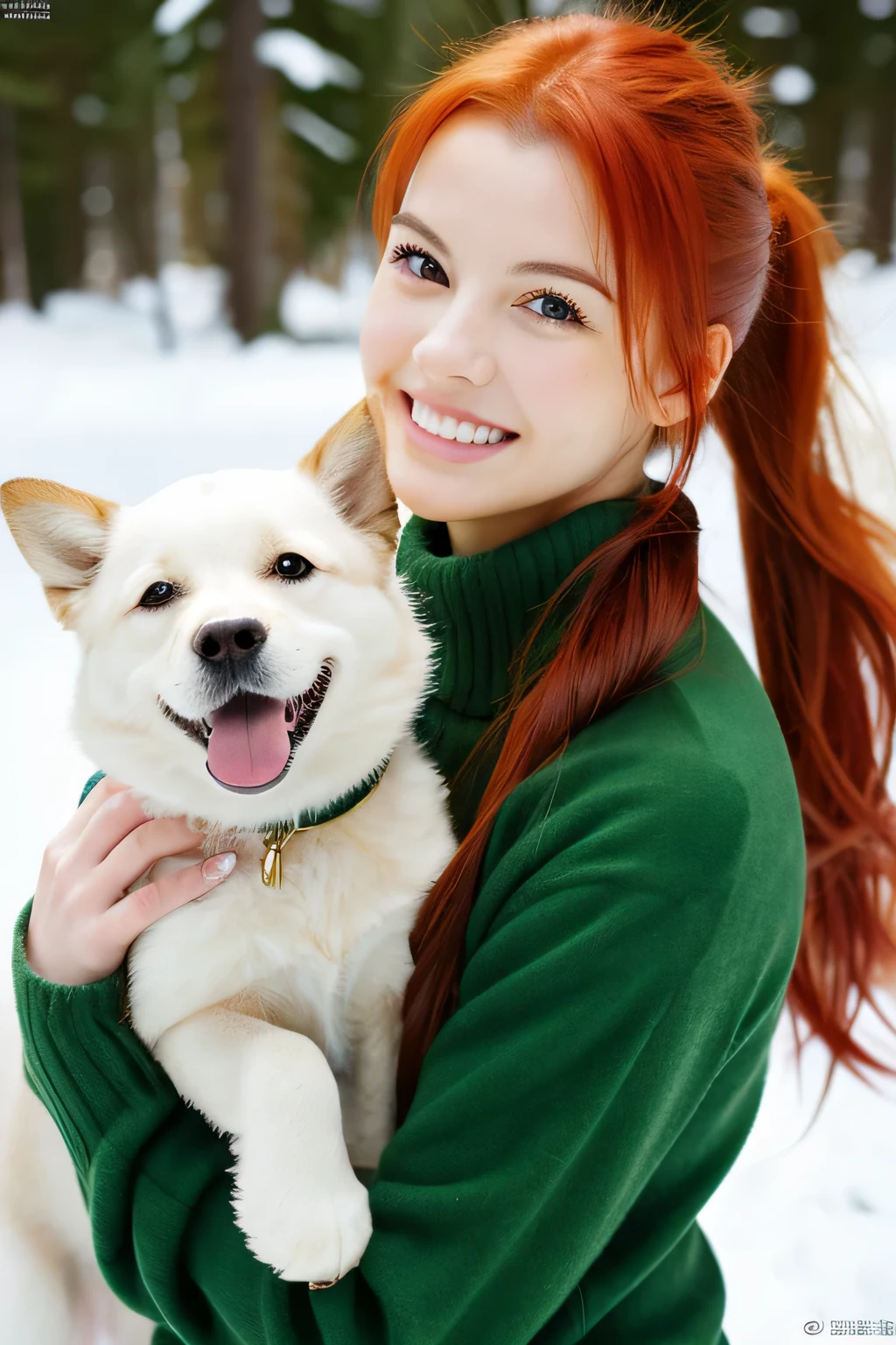 young woman with red hair, green eyes, medium size breasts, wearing tight winter clothing, playing with a dog, smiling, hair as messy ponytail, most realistic skin texture, style raw, picture taken with canon eos 3 and kodak gold 400