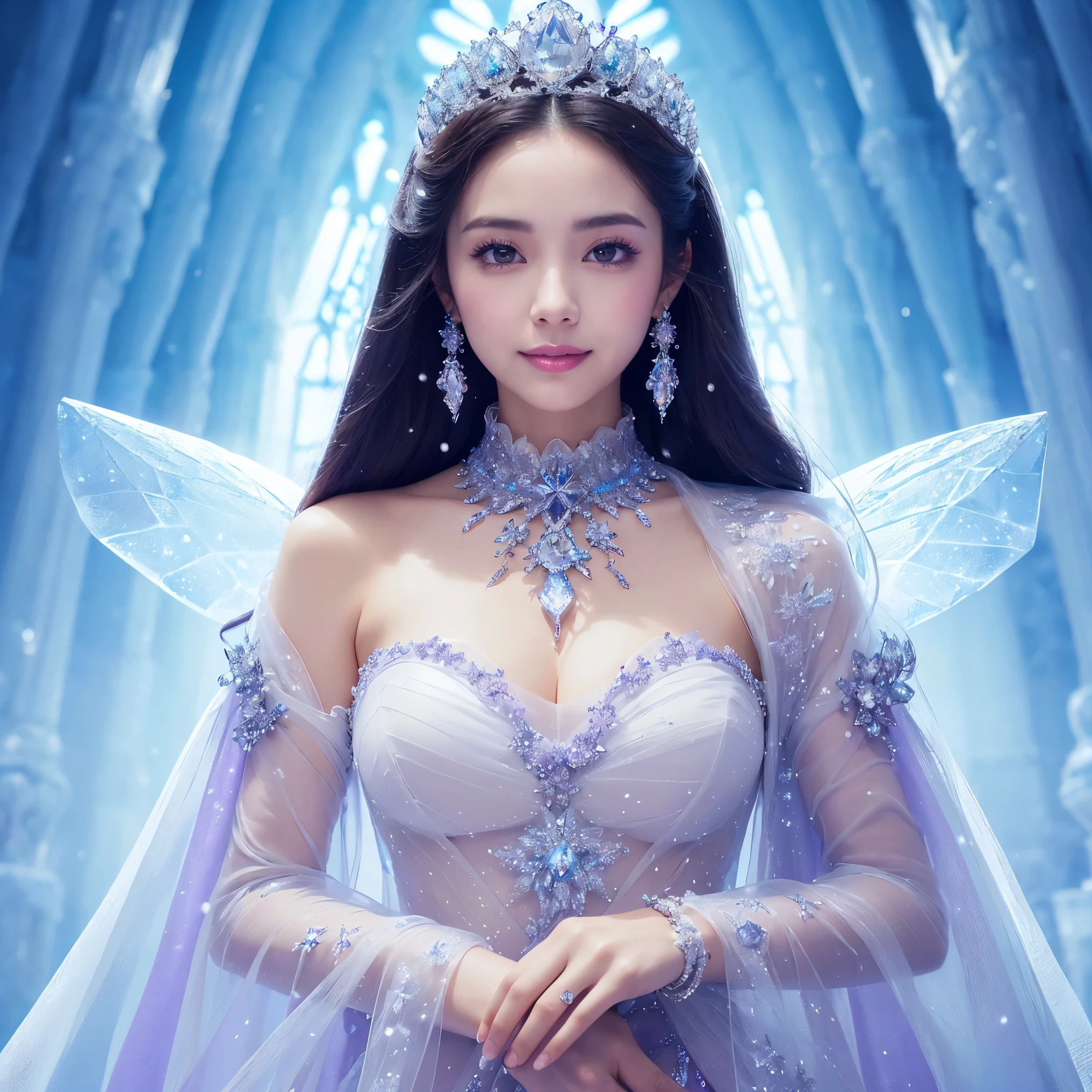 (masterpiece、highest quality、best image quality、8K、Award-winning work)、one goddess、(the most luxurious, Sparkling, high end giant costume:1.1)、(The most luxurious and highest quality giant tiara:1.1)、(The most luxurious and highest quality giant necklace:1.1)、(Highest grade goddess costume with beautiful purple and white gradation:1.2)、(Goddess costume with exquisite decorations shining in purple and white.:1.1)、(Highest quality goddess costume with exquisite purple and white gradation:1.1)、upper body photo、(look at me with the best smile:1.2)、big breasts、Beautiful transparent sleeves of the highest quality、(Highest grade transparent sleeve with jewel decoration:1.1)、publish one&#39;shoulder、Standing gracefully、(The most luxurious palace background made of ice:1.4)、(The most elaborate and luxurious ice palace cathedral:1.3)、(Inside the most mysterious giant palace made of ice:1.4)、(The most beautiful cathedral made of crystal clear ice:1.4)、(beautiful transparent ice:1.1)、(Mysterious fairy tale light blue fog:1.15)、The background is a detailed ice palace、beautiful ice ceiling、(Palace interior background made of intricately shining transparent ice:1.4)、(Elegant palace pillars made of ice:1.05)、the most intricate and luxurious decoration、(large amount of jewelry decoration:1.1)、最もComplex and detailed background、(that&#39;It&#39;s snowing:1.1)、fine Sparkling snow、(Tyndall effect:1.1)、Subtle Sparkling snow、epic movie lighting、perfect makeup、long eyelashes、beautiful eyeshadow、(accurate anatomy:1.1)、Natural forehead、Complex and detailed background、the most delicate shine、background with depth、low contrast、Surrounded by soft light、(body turns forward:1.1)、(lower your arms:1.1)